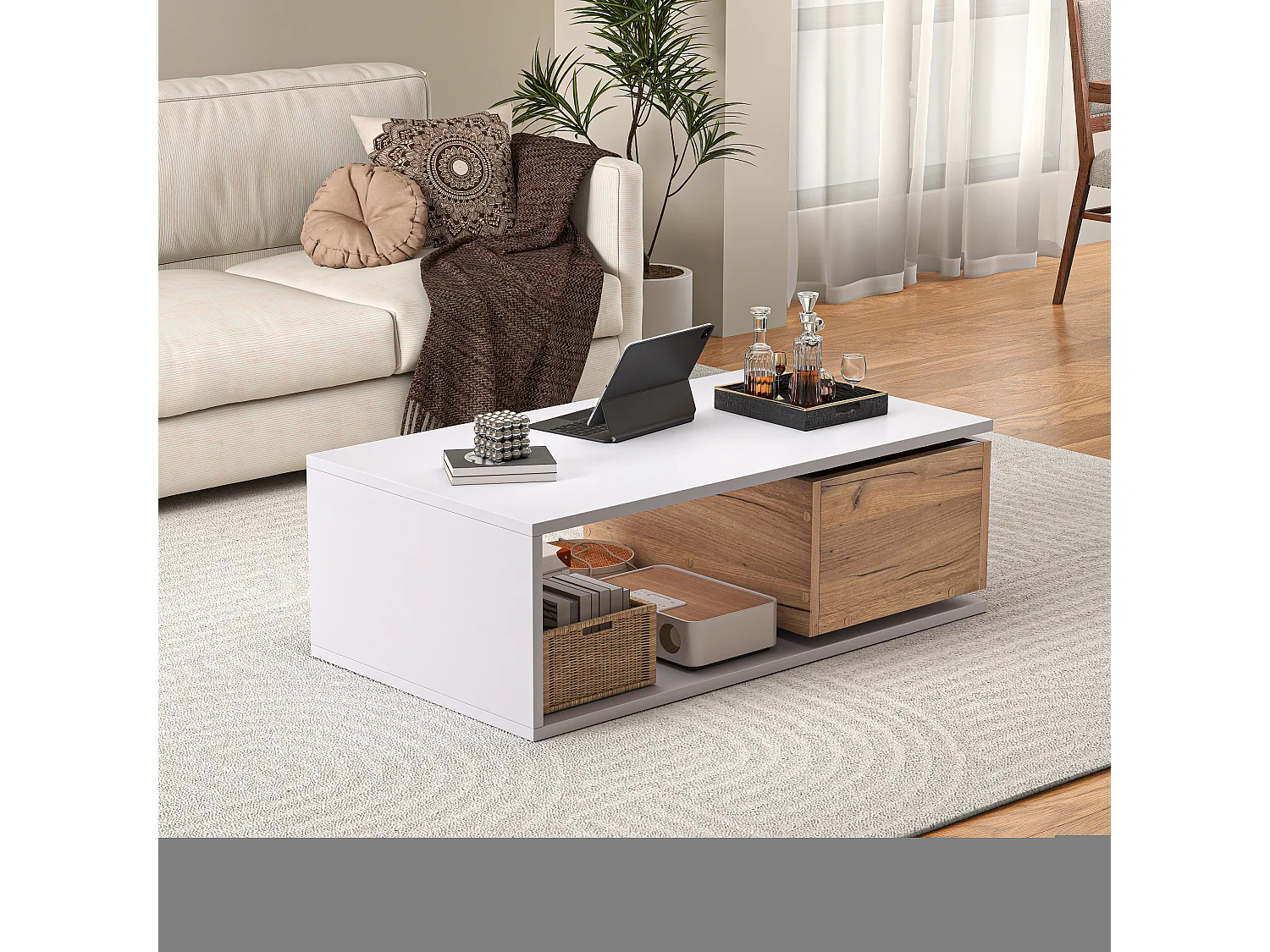 Couchtisch 90x50x30 cm - 1 Schublade - 360° drehbar - Offener Stauraum - MDF - Weiß + Natur