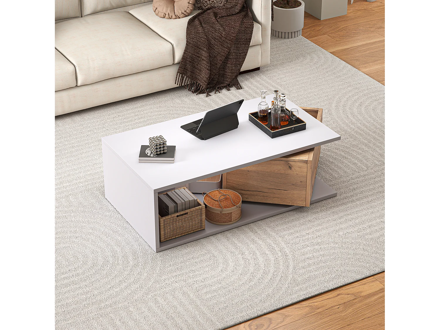 Table basse 90x50x30 cm - 1 tiroir - pivotant à 360° - Espace de rangement ouvert - MDF - Blanc + Naturel