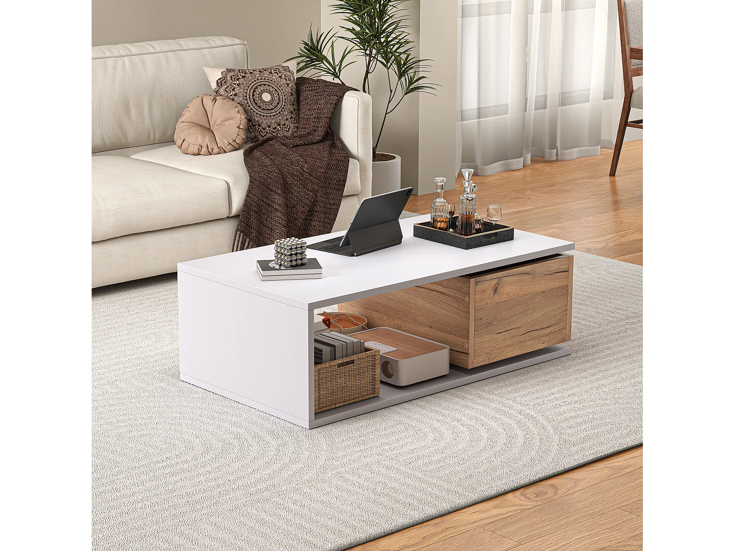 Table basse 90x50x30 cm - 1 tiroir - pivotant à 360° - Espace de rangement ouvert - MDF - Blanc + Naturel