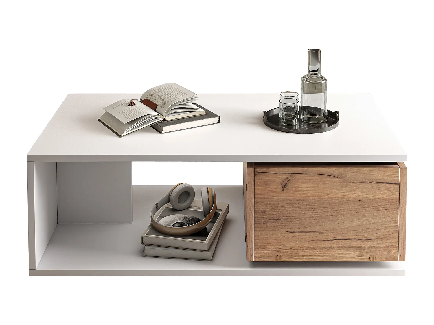 Table basse 90x50x30 cm - 1 tiroir - pivotant à 360° - Espace de rangement ouvert - MDF - Blanc + Naturel