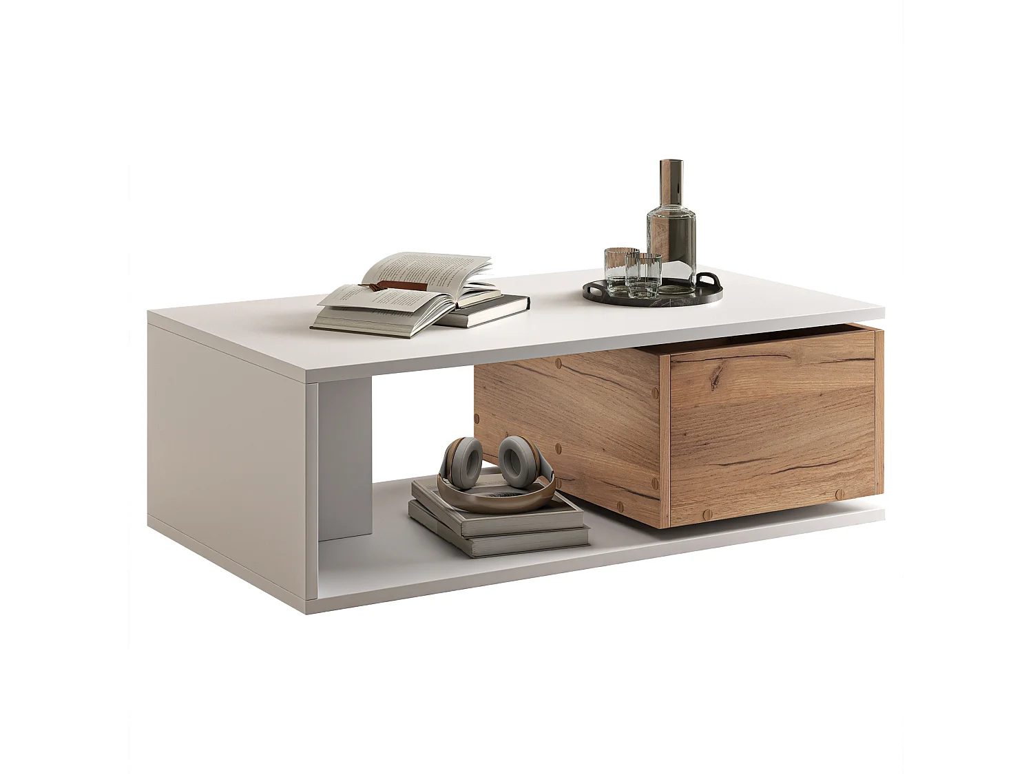 Table basse 90x50x30 cm - 1 tiroir - pivotant à 360° - Espace de rangement ouvert - MDF - Blanc + Naturel