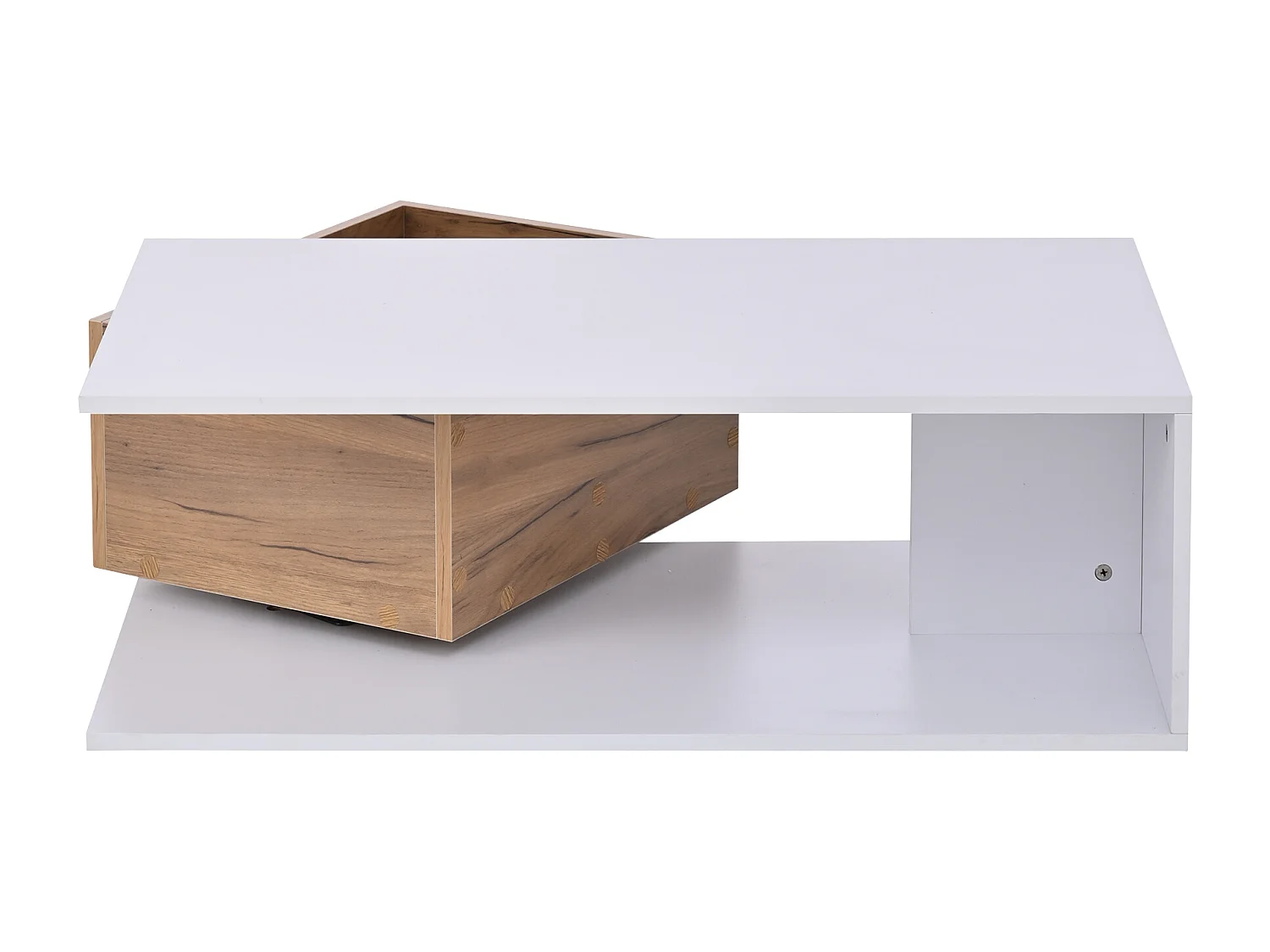 Table basse 90x50x30 cm - 1 tiroir - pivotant à 360° - Espace de rangement ouvert - MDF - Blanc + Naturel