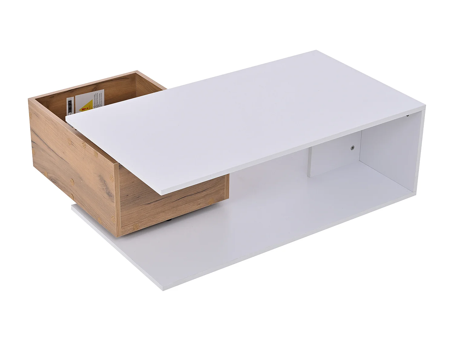 Table basse 90x50x30 cm - 1 tiroir - pivotant à 360° - Espace de rangement ouvert - MDF - Blanc + Naturel