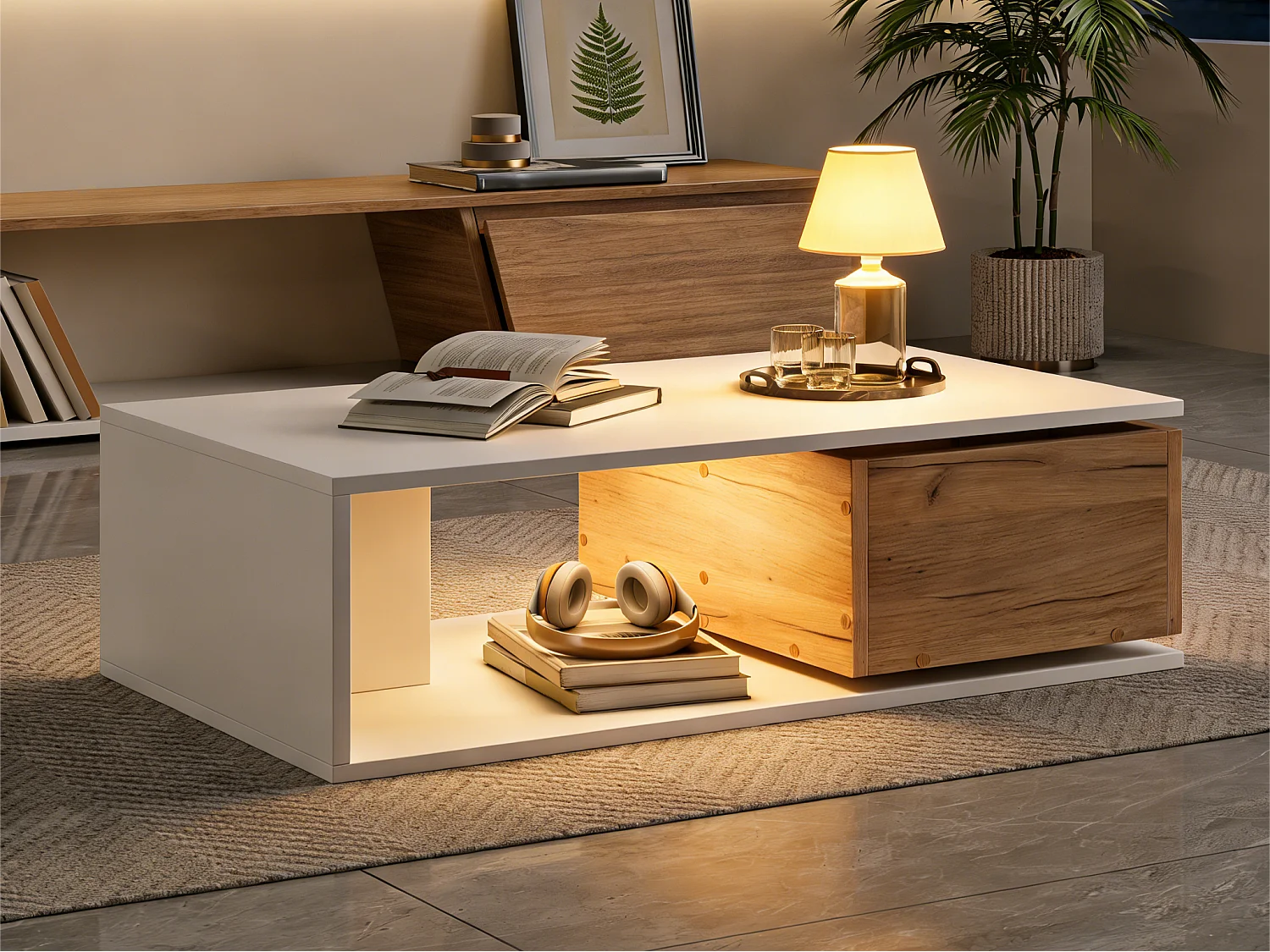 Table basse 90x50x30 cm - 1 tiroir - pivotant à 360° - Espace de rangement ouvert - MDF - Blanc + Naturel