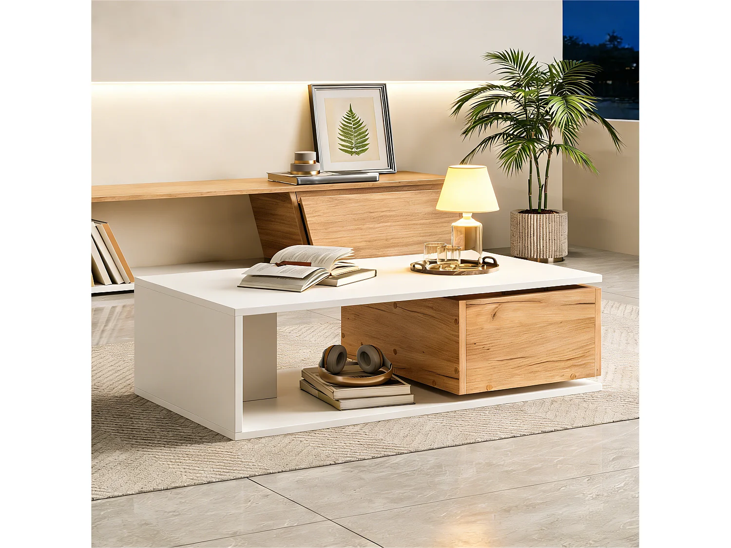 Table basse 90x50x30 cm - 1 tiroir - pivotant à 360° - Espace de rangement ouvert - MDF - Blanc + Naturel