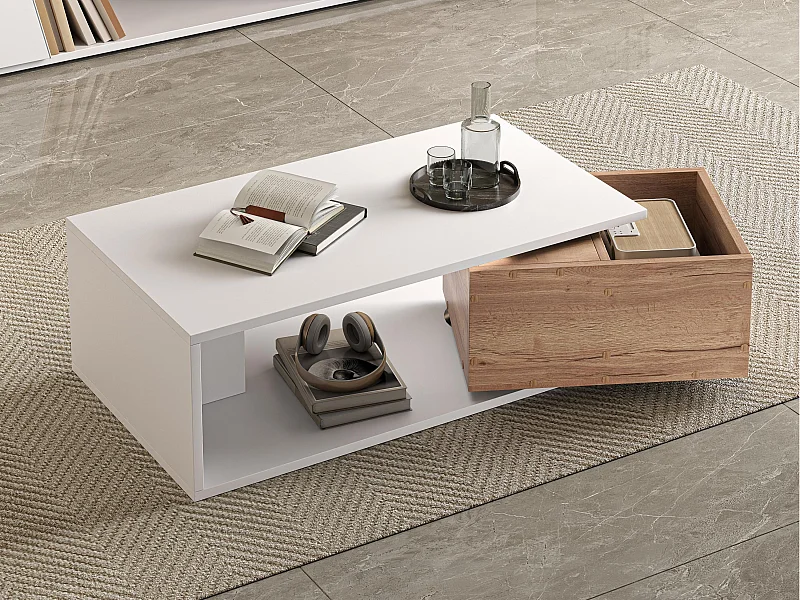 Salontafel 90x50x30 cm - 1 lade - 360° draaibaar - Open opbergruimte - MDF - Wit + Natuur