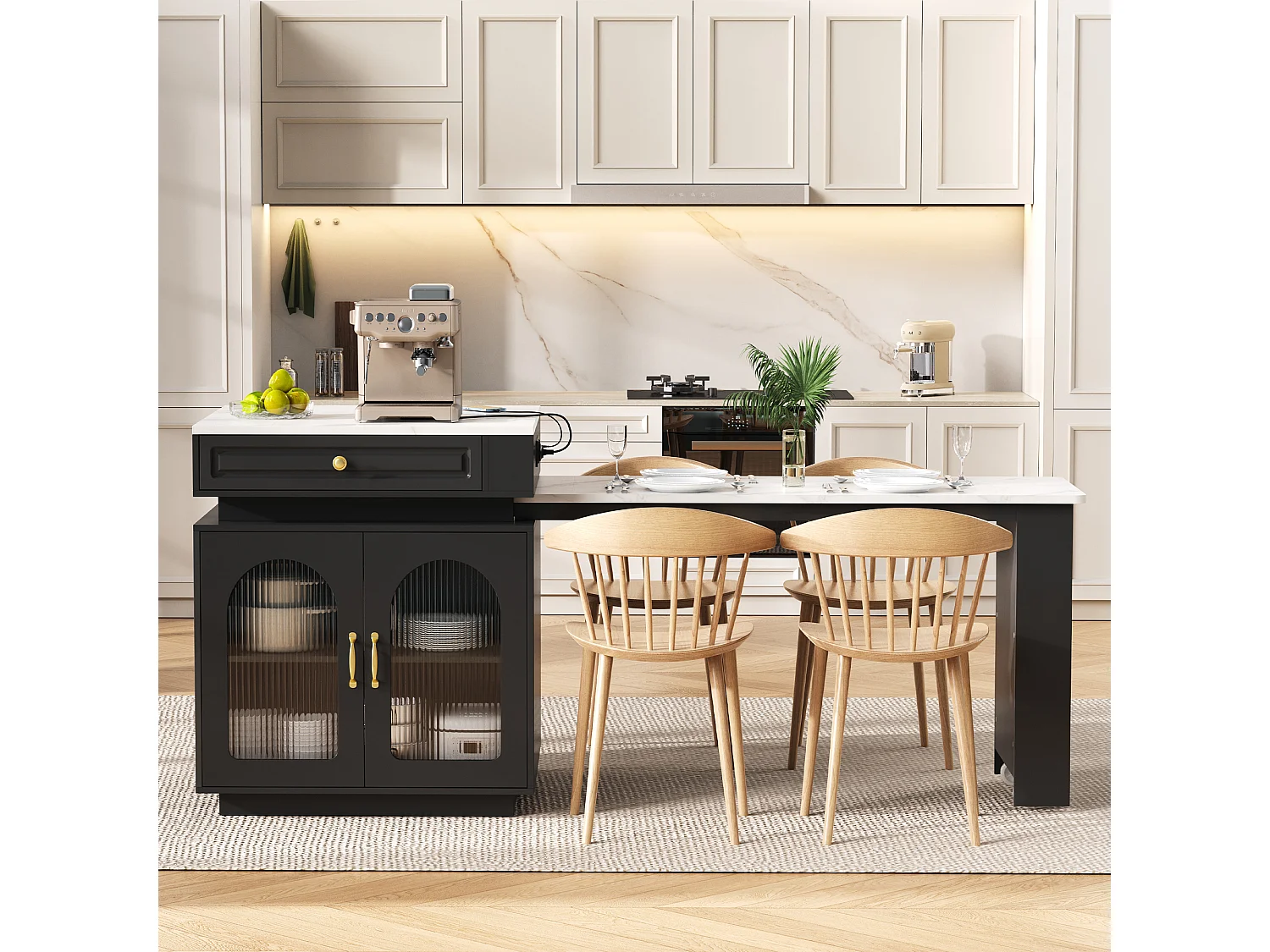 Isla de cocina - mesa de comedor extensible - con iluminación LED - con toma de corriente - con ruedas y espacio de almacenamiento - negro + blanco