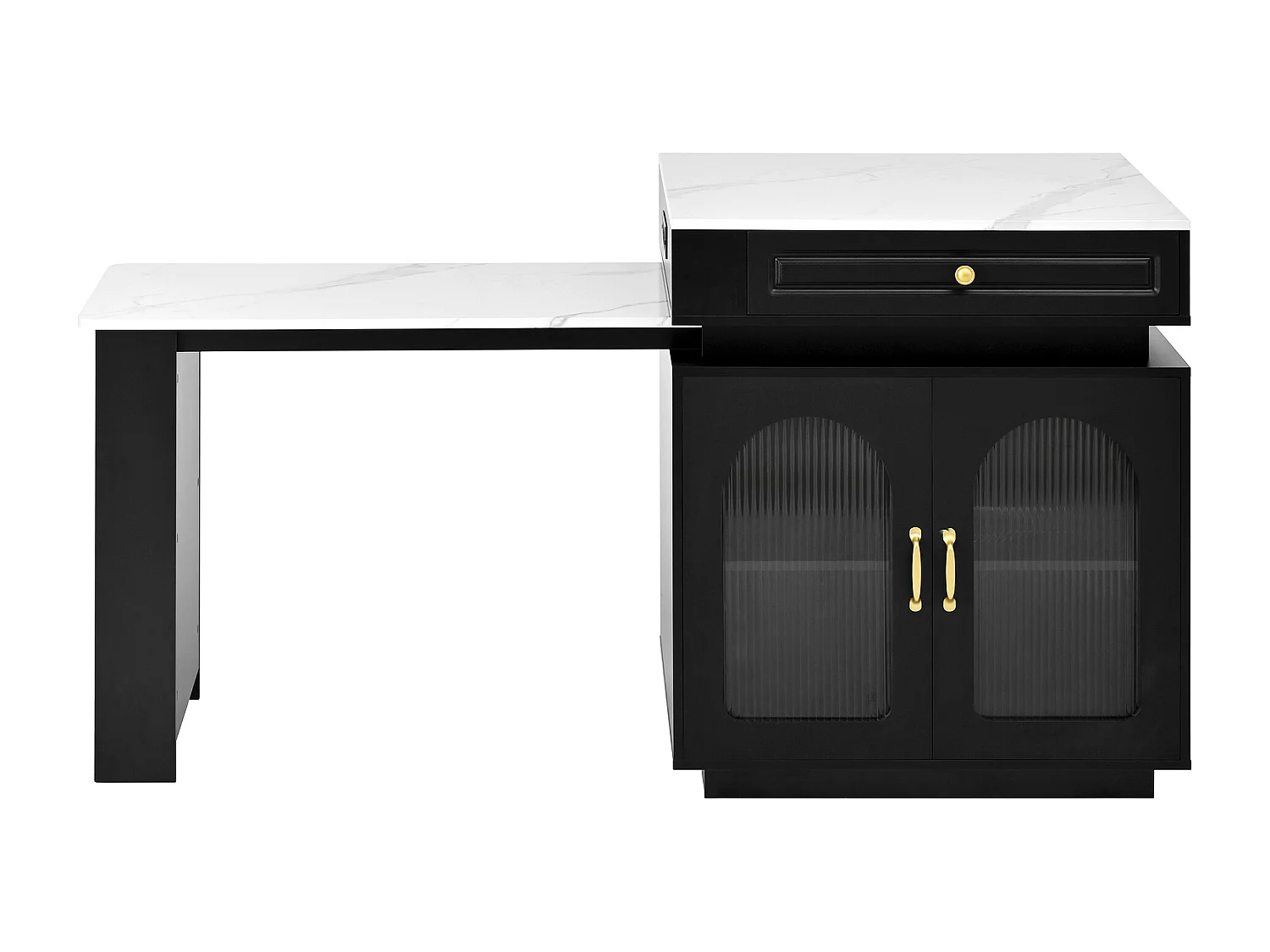 Isla de cocina - mesa de comedor extensible - con iluminación LED - con toma de corriente - con ruedas y espacio de almacenamiento - negro + blanco