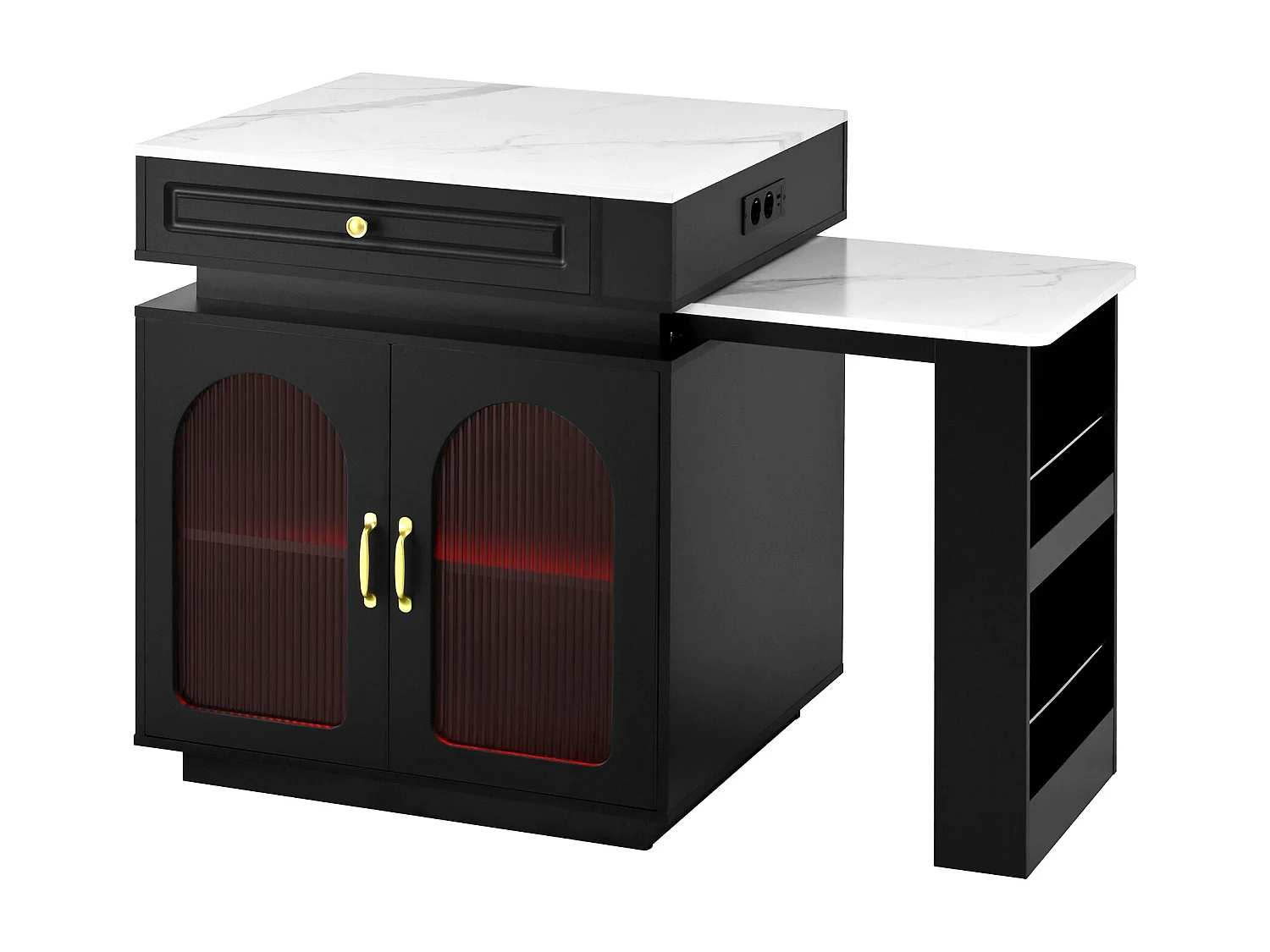 Isla de cocina - mesa de comedor extensible - con iluminación LED - con toma de corriente - con ruedas y espacio de almacenamiento - negro + blanco