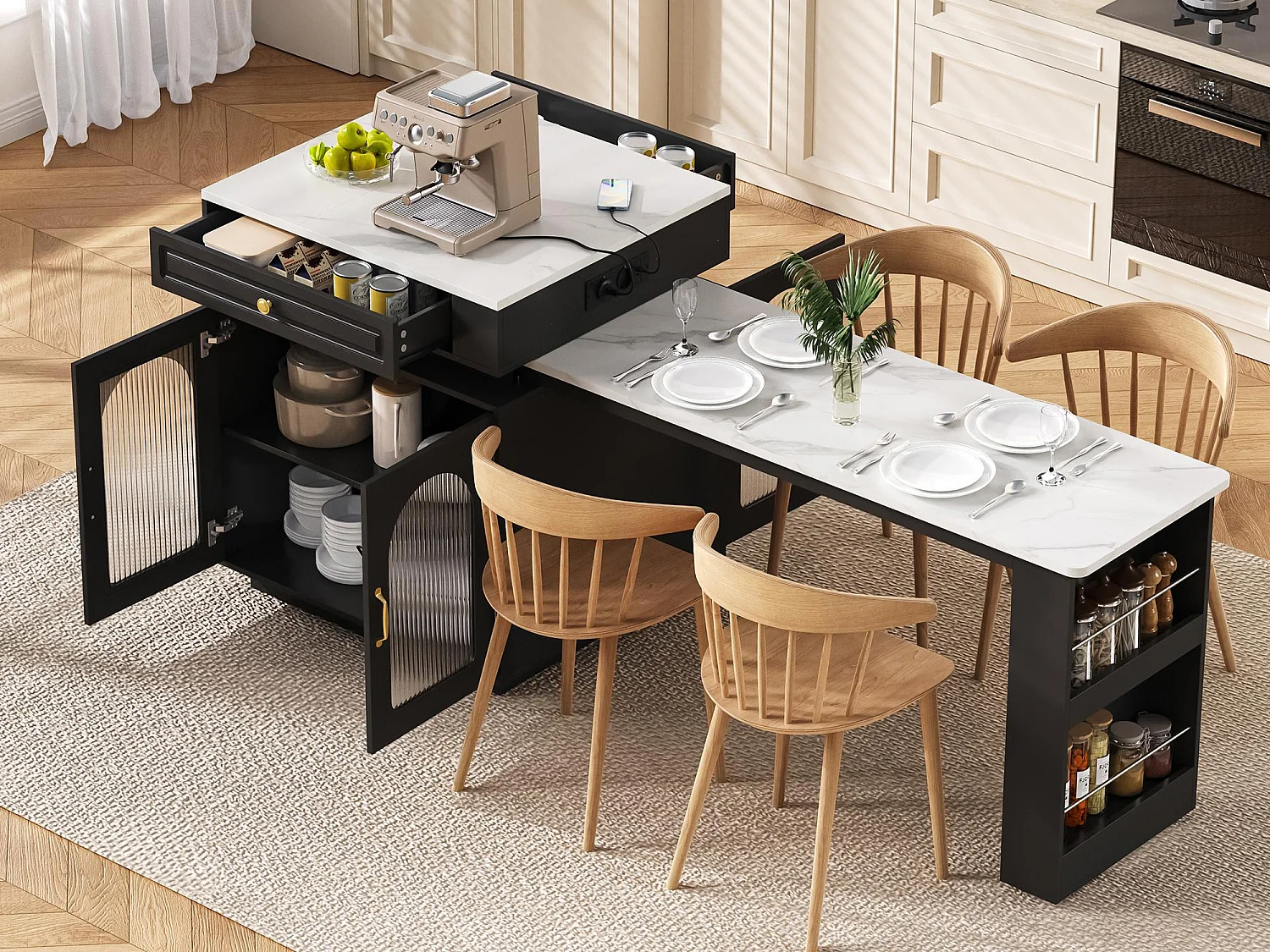 Ilot central de cuisine - table à manger extensible - avec éclairage LED - avec prise de courant - avec roulettes et espace de rangement - noir + blanc