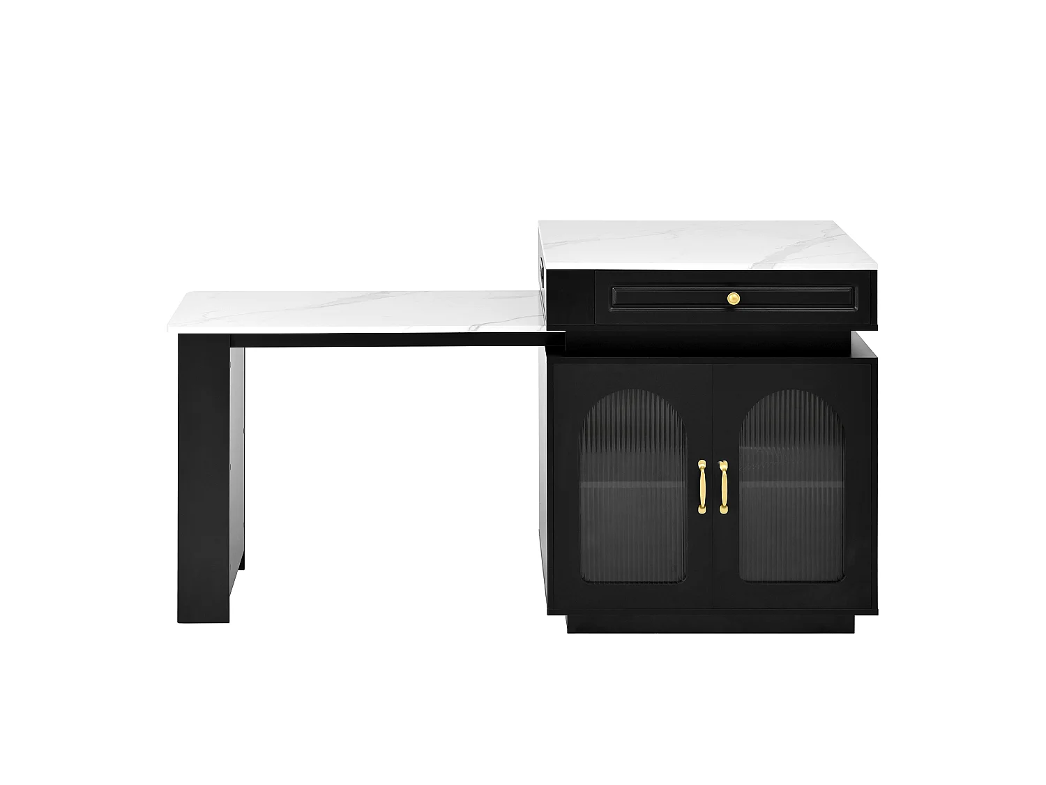 Ilot central de cuisine - table à manger extensible - avec éclairage LED - avec prise de courant - avec roulettes et espace de rangement - noir + blanc