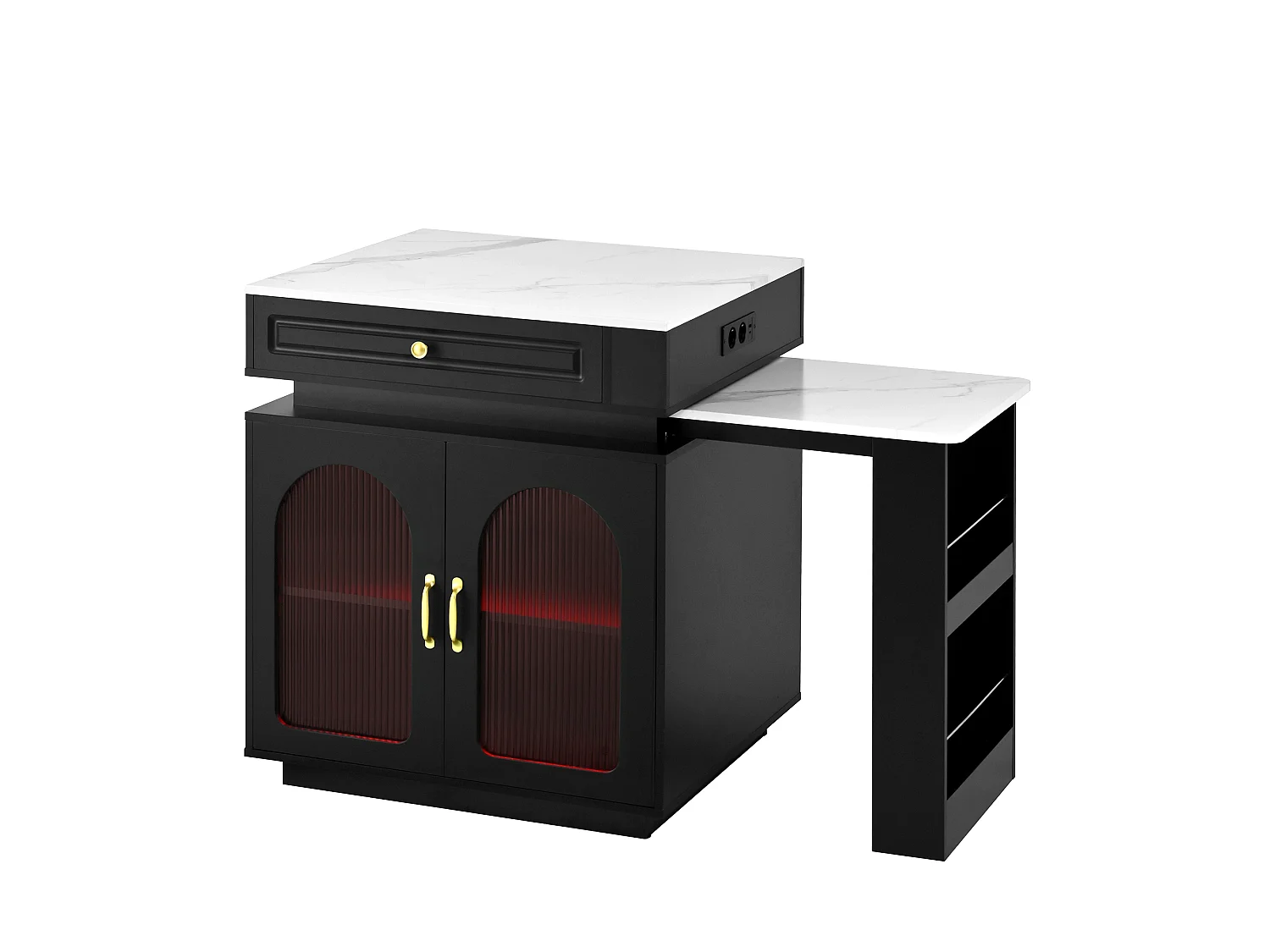 Ilot central de cuisine - table à manger extensible - avec éclairage LED - avec prise de courant - avec roulettes et espace de rangement - noir + blanc