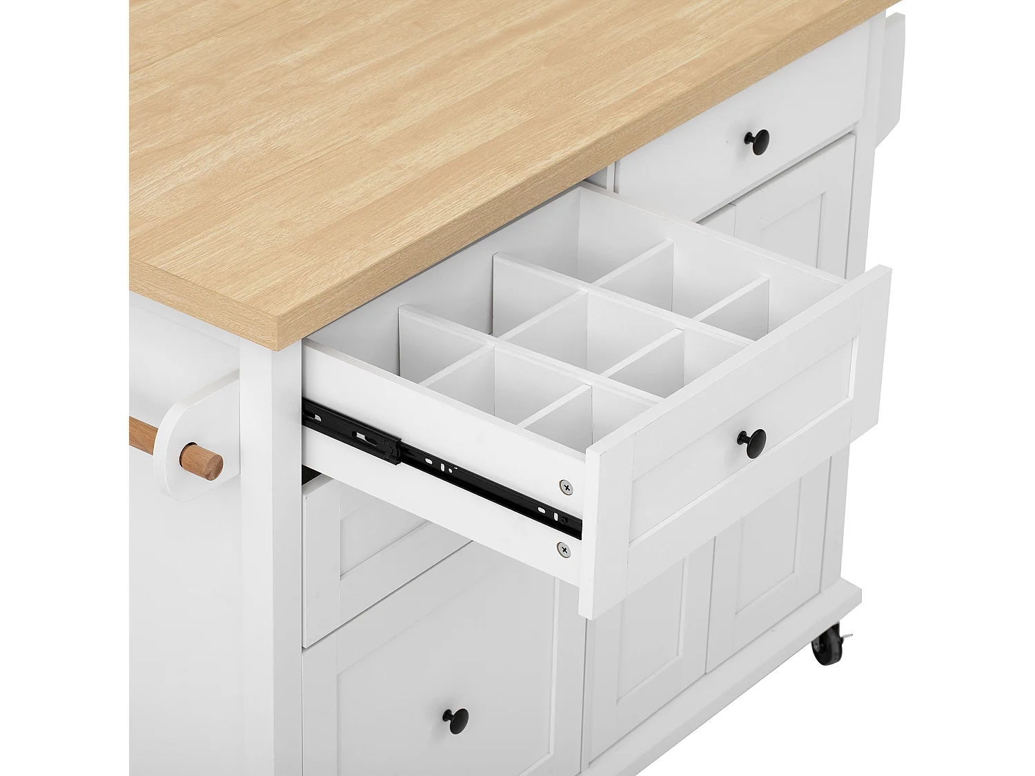 Isla de cocina móvil 107x45x90.5cm - encimera extensible - con 4 cajones y 2 puertas - con toallero - blanco