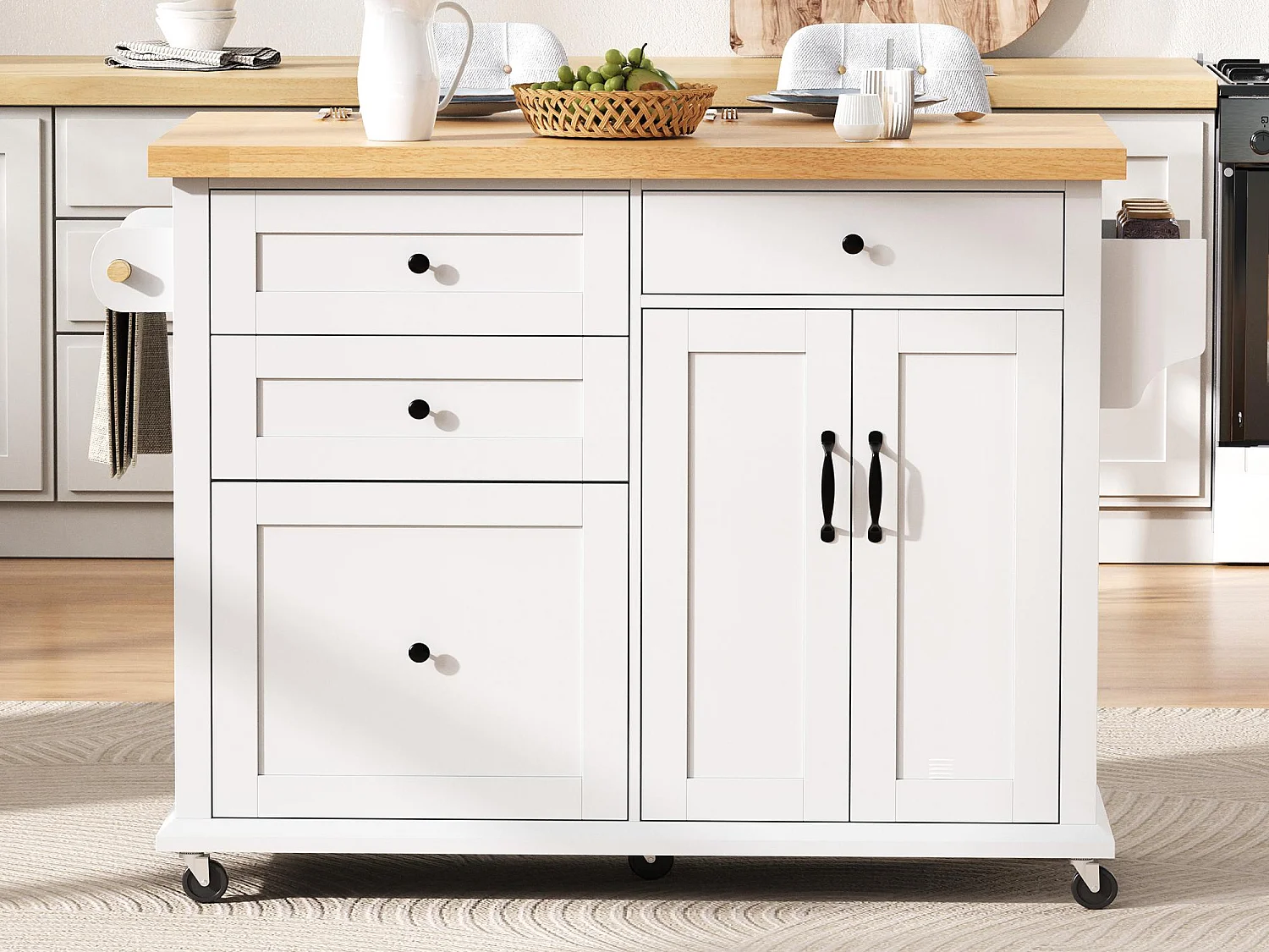 Ilot central de cuisine mobile 107x45x90.5cm - plateau extensible - avec 4 tiroirs et 2 portes - avec porte-serviettes - blanc
