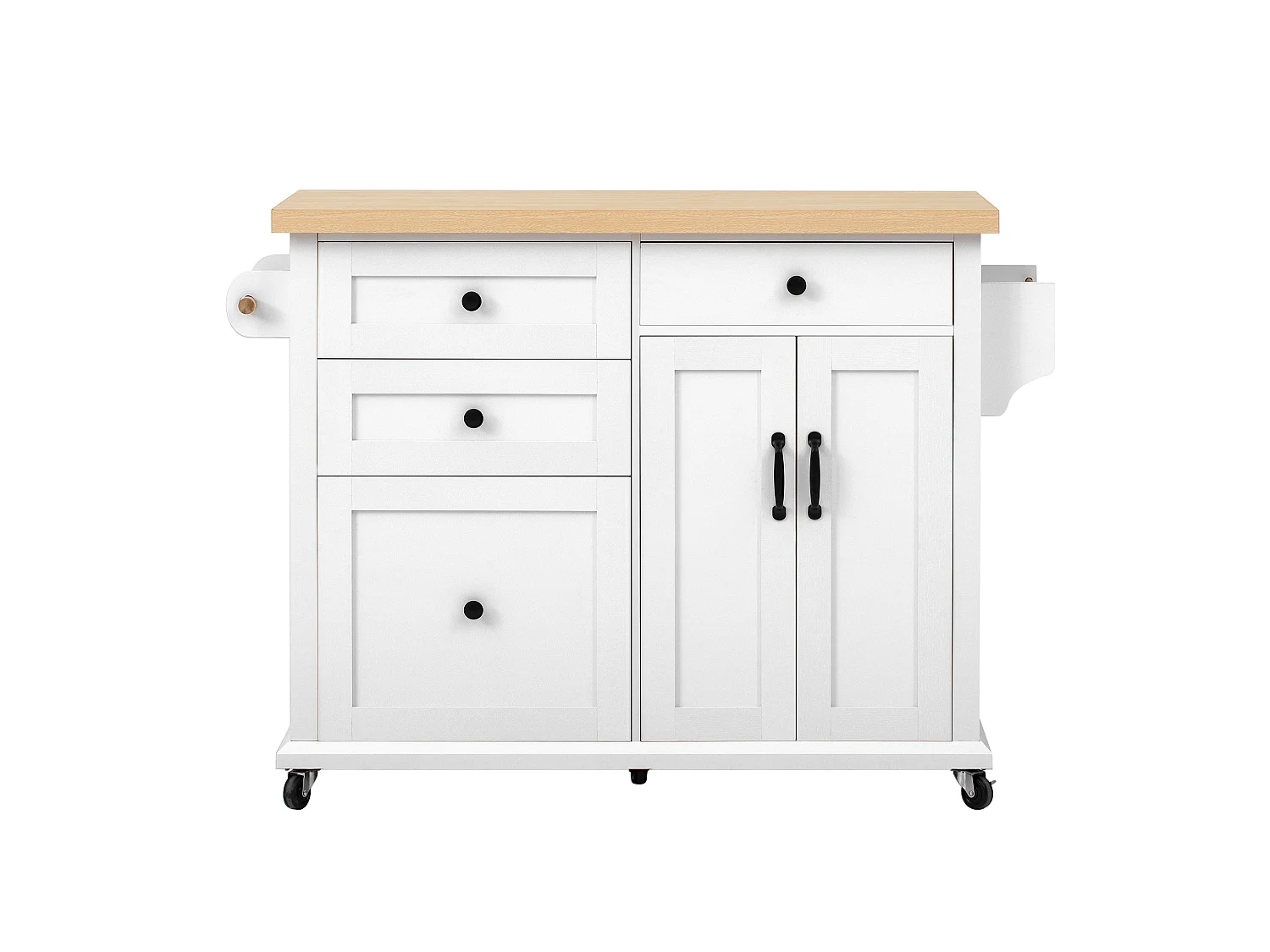 Ilot central de cuisine mobile 107x45x90.5cm - plateau extensible - avec 4 tiroirs et 2 portes - avec porte-serviettes - blanc