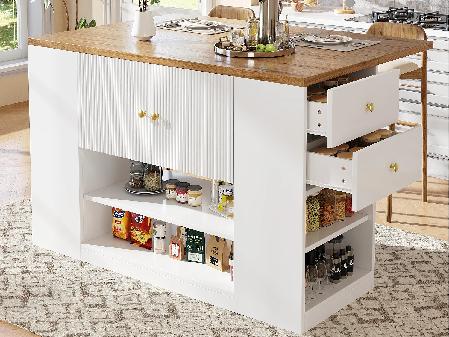 Kücheninsel - 3 Türen und 2 Schubladen - ausziehbare Arbeitsplatte - 140x40x90cm - offene Ablagefächer - Weiß