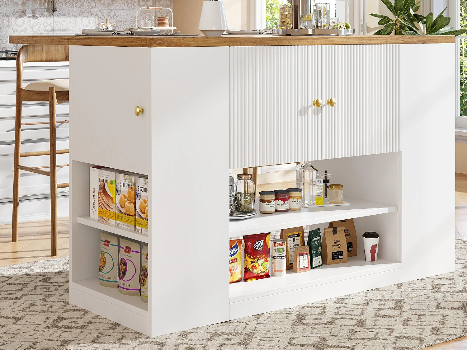 Kücheninsel - 3 Türen und 2 Schubladen - ausziehbare Arbeitsplatte - 140x40x90cm - offene Ablagefächer - Weiß