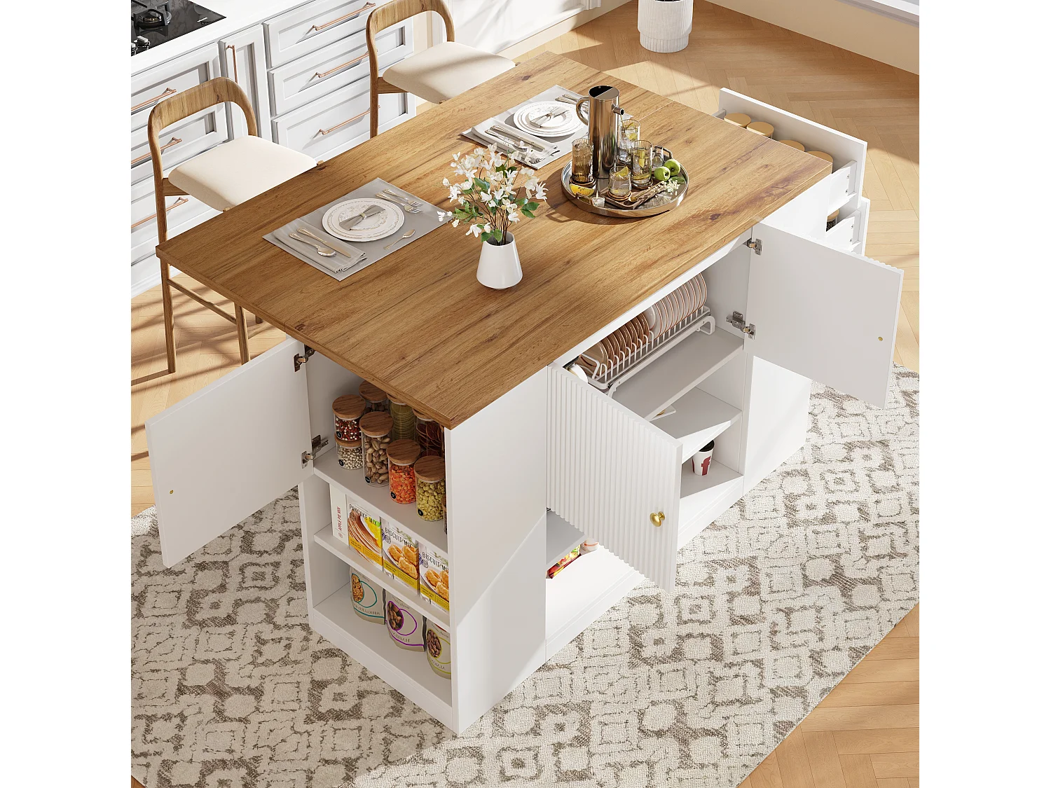 Kücheninsel - 3 Türen und 2 Schubladen - ausziehbare Arbeitsplatte - 140x40x90cm - offene Ablagefächer - Weiß