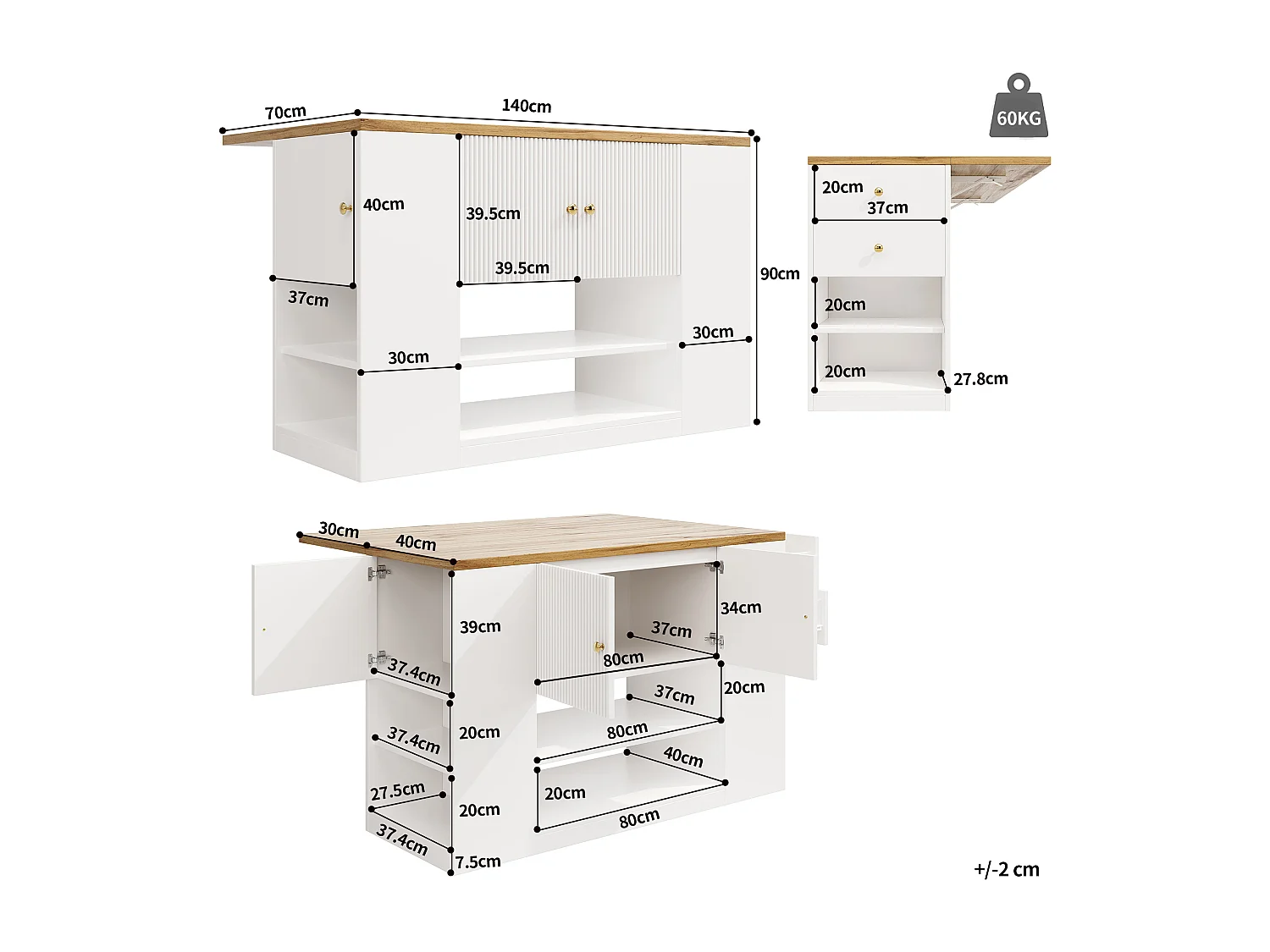 Kücheninsel - 3 Türen und 2 Schubladen - ausziehbare Arbeitsplatte - 140x40x90cm - offene Ablagefächer - Weiß