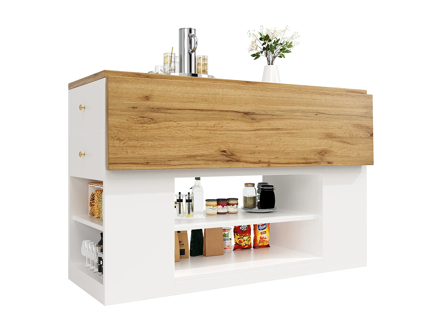 Kücheninsel - 3 Türen und 2 Schubladen - ausziehbare Arbeitsplatte - 140x40x90cm - offene Ablagefächer - Weiß