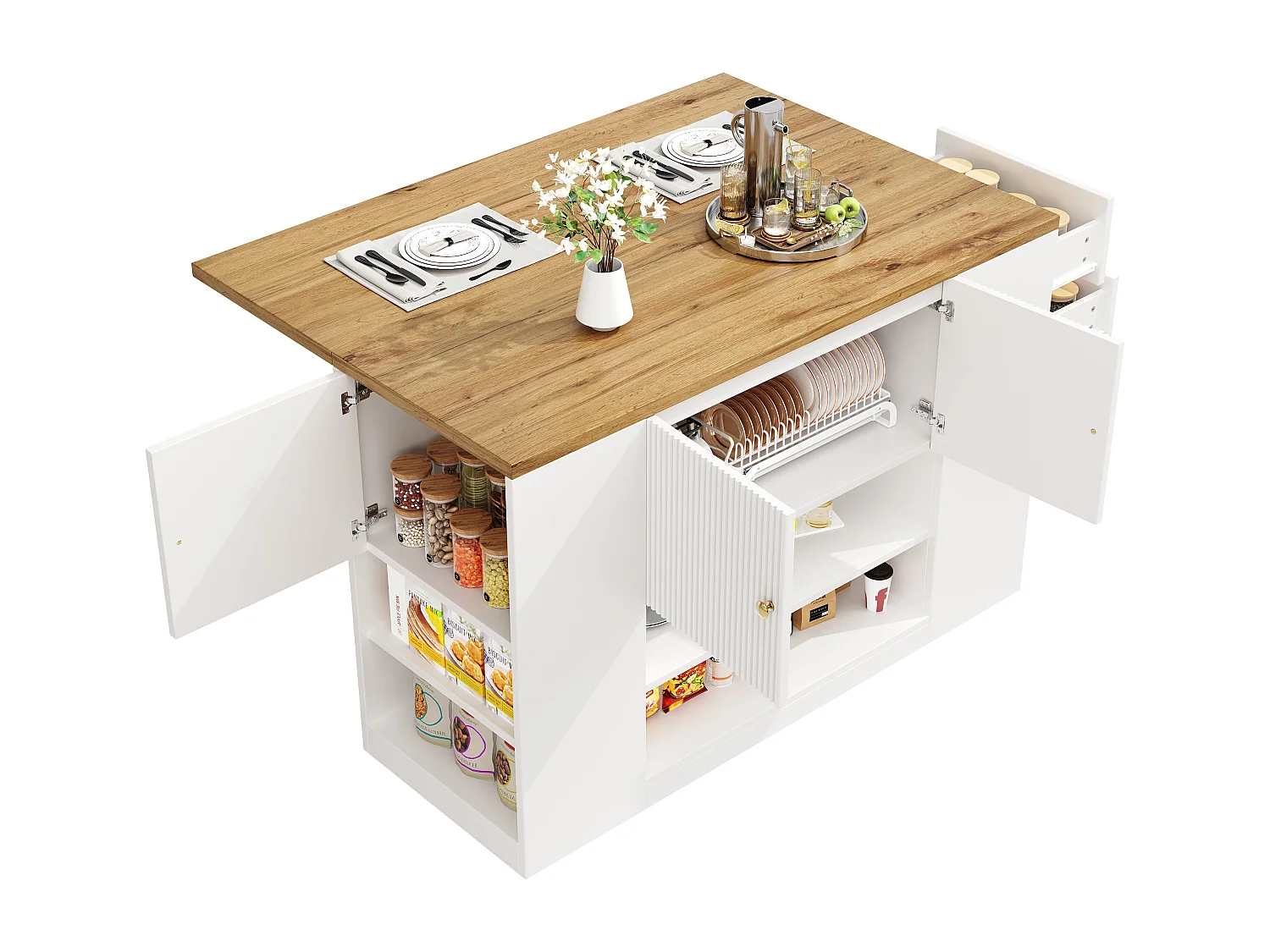 Kücheninsel - 3 Türen und 2 Schubladen - ausziehbare Arbeitsplatte - 140x40x90cm - offene Ablagefächer - Weiß