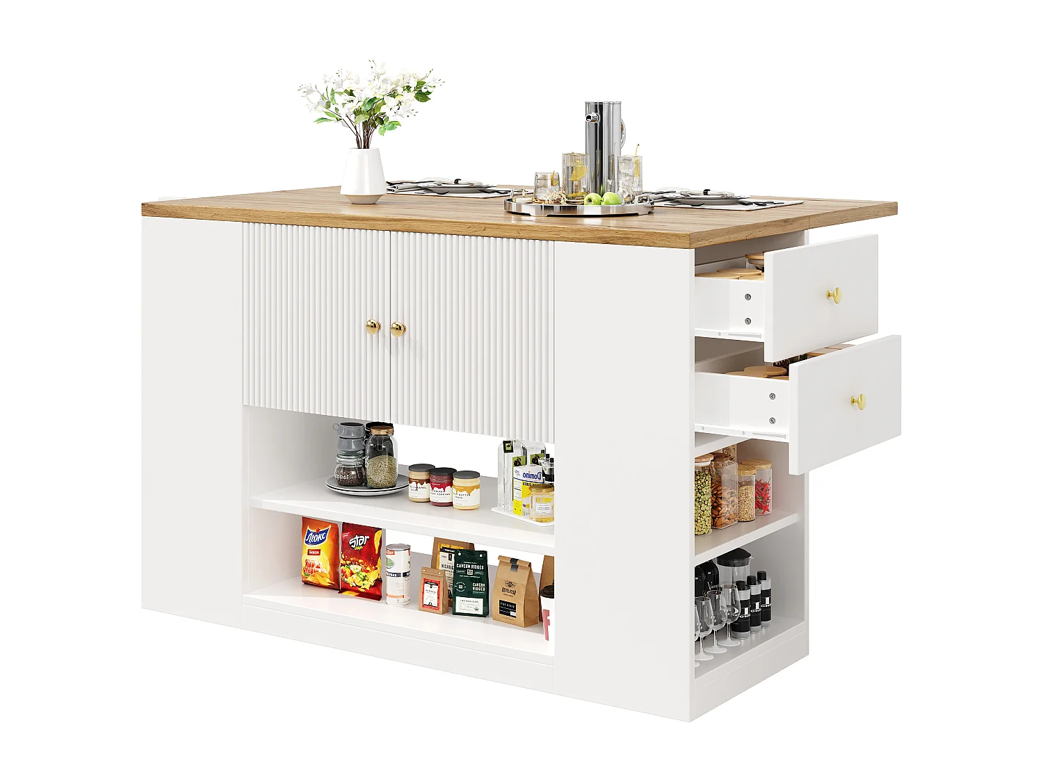 Kücheninsel - 3 Türen und 2 Schubladen - ausziehbare Arbeitsplatte - 140x40x90cm - offene Ablagefächer - Weiß