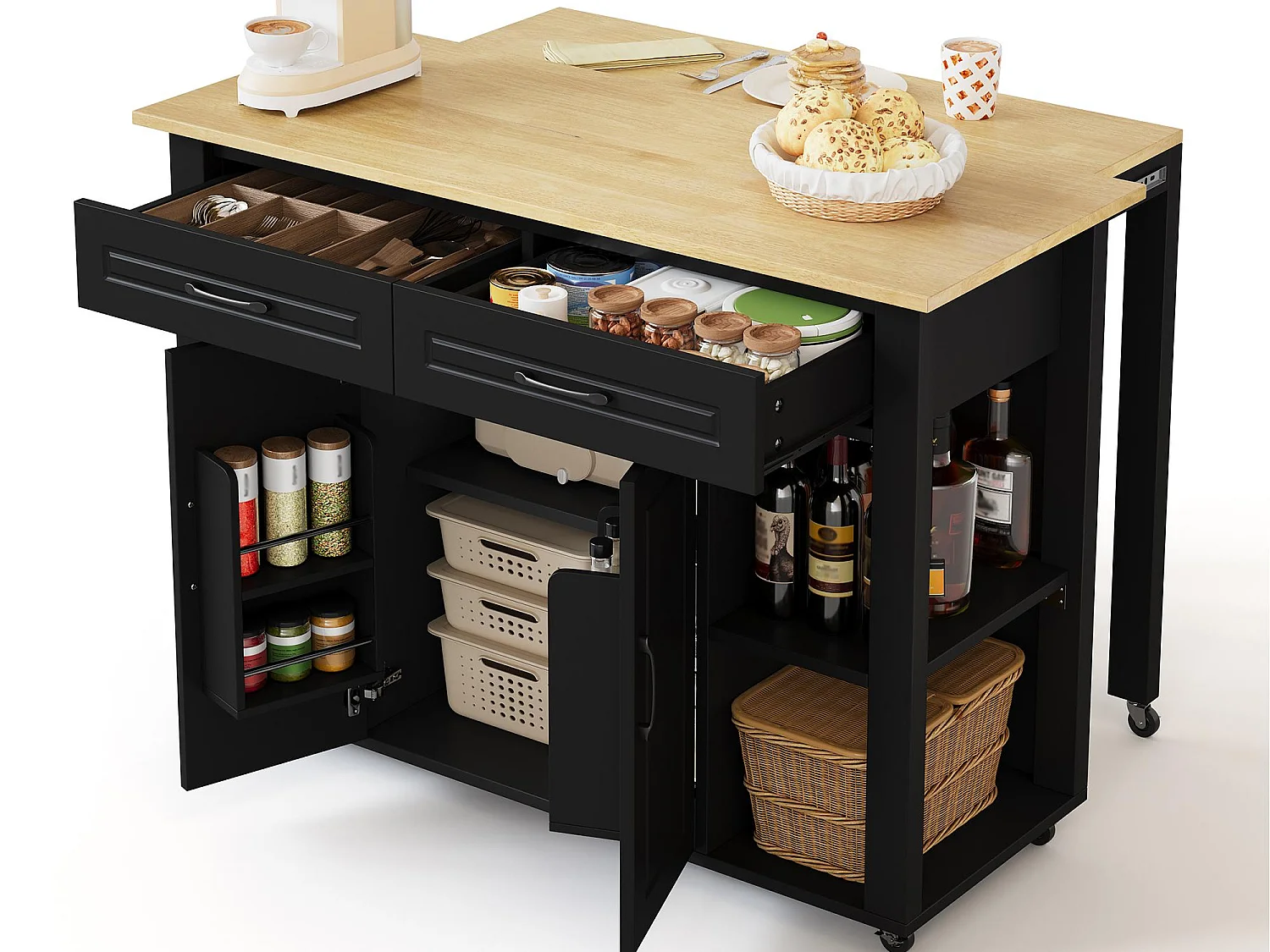 Mobiel keukeneiland - uitschuifbaar aanrechtblad - met USB en handdoekhouder - met 2 lades en 2 deuren - MDF - Zwart