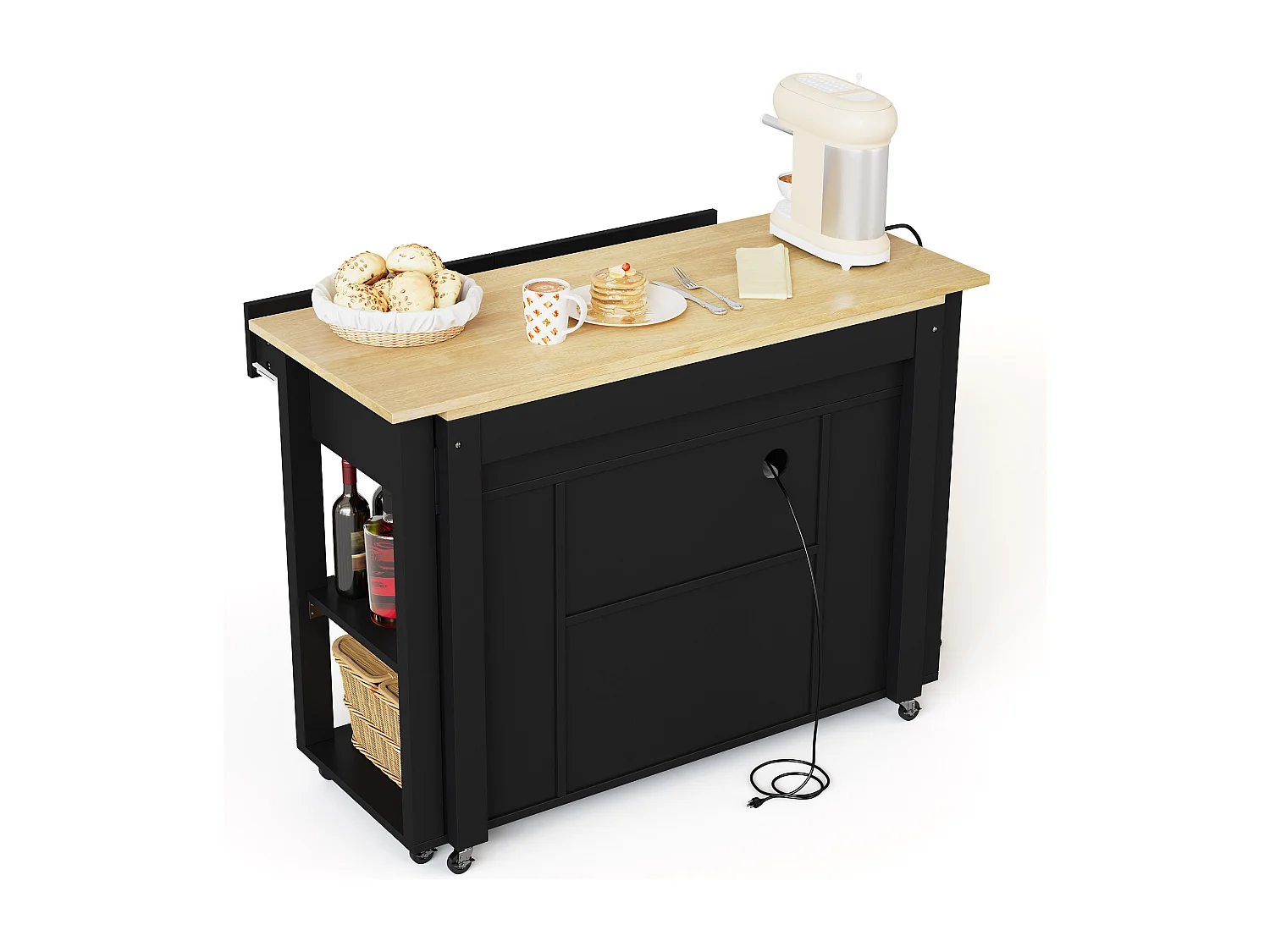Mobiel keukeneiland - uitschuifbaar aanrechtblad - met USB en handdoekhouder - met 2 lades en 2 deuren - MDF - Zwart