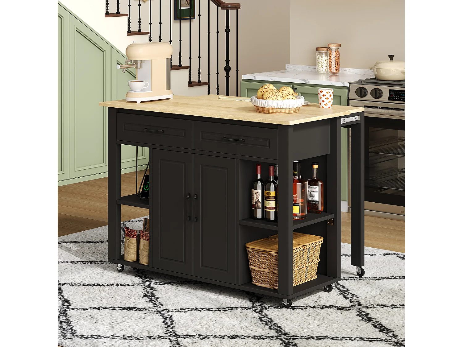 Ilot central de cuisine mobile - plateau extensible - avec USB et porte-serviettes - avec 2 tiroirs et 2 portes - MDF - Noir