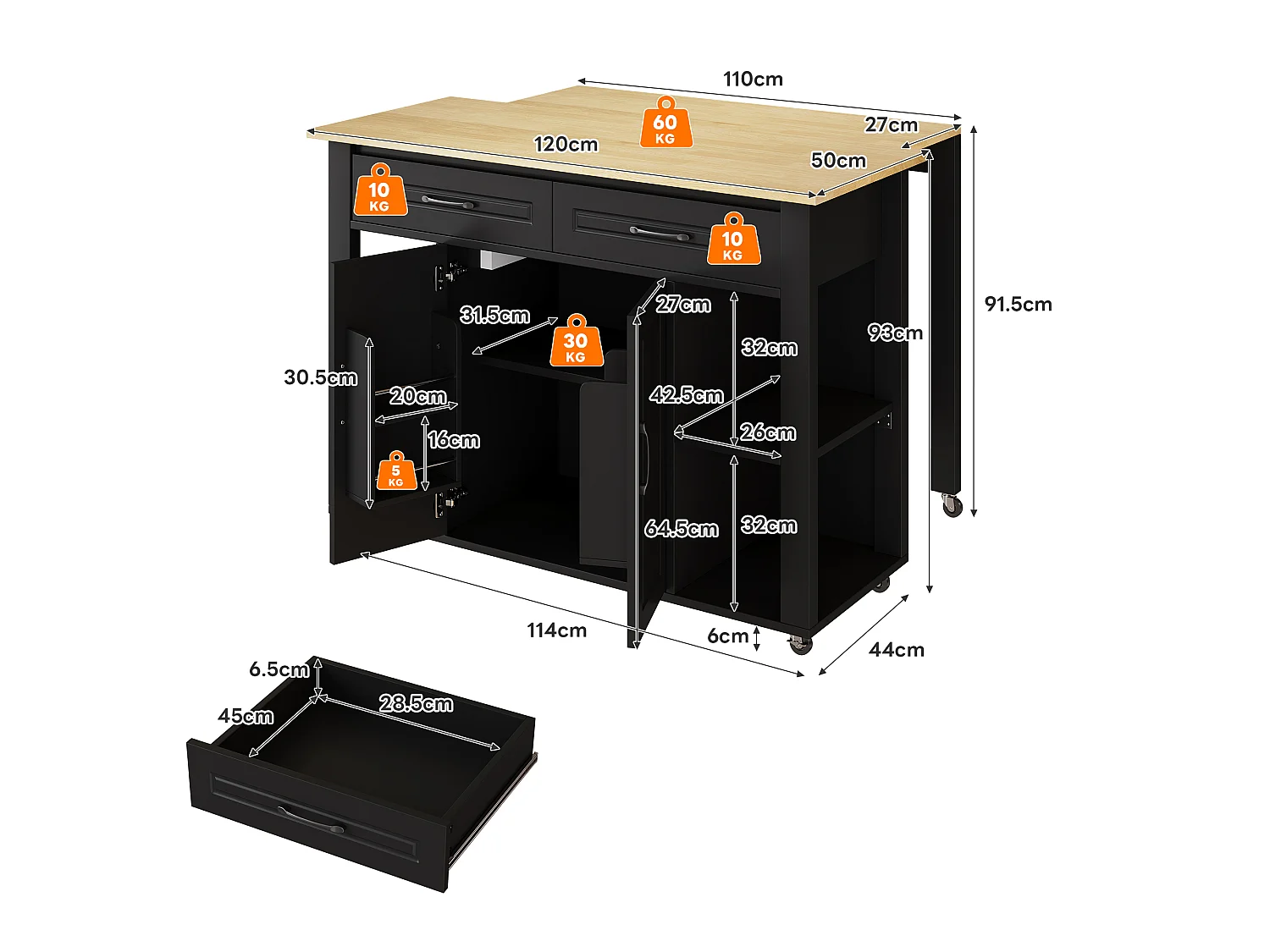 Ilot central de cuisine mobile - plateau extensible - avec USB et porte-serviettes - avec 2 tiroirs et 2 portes - MDF - Noir