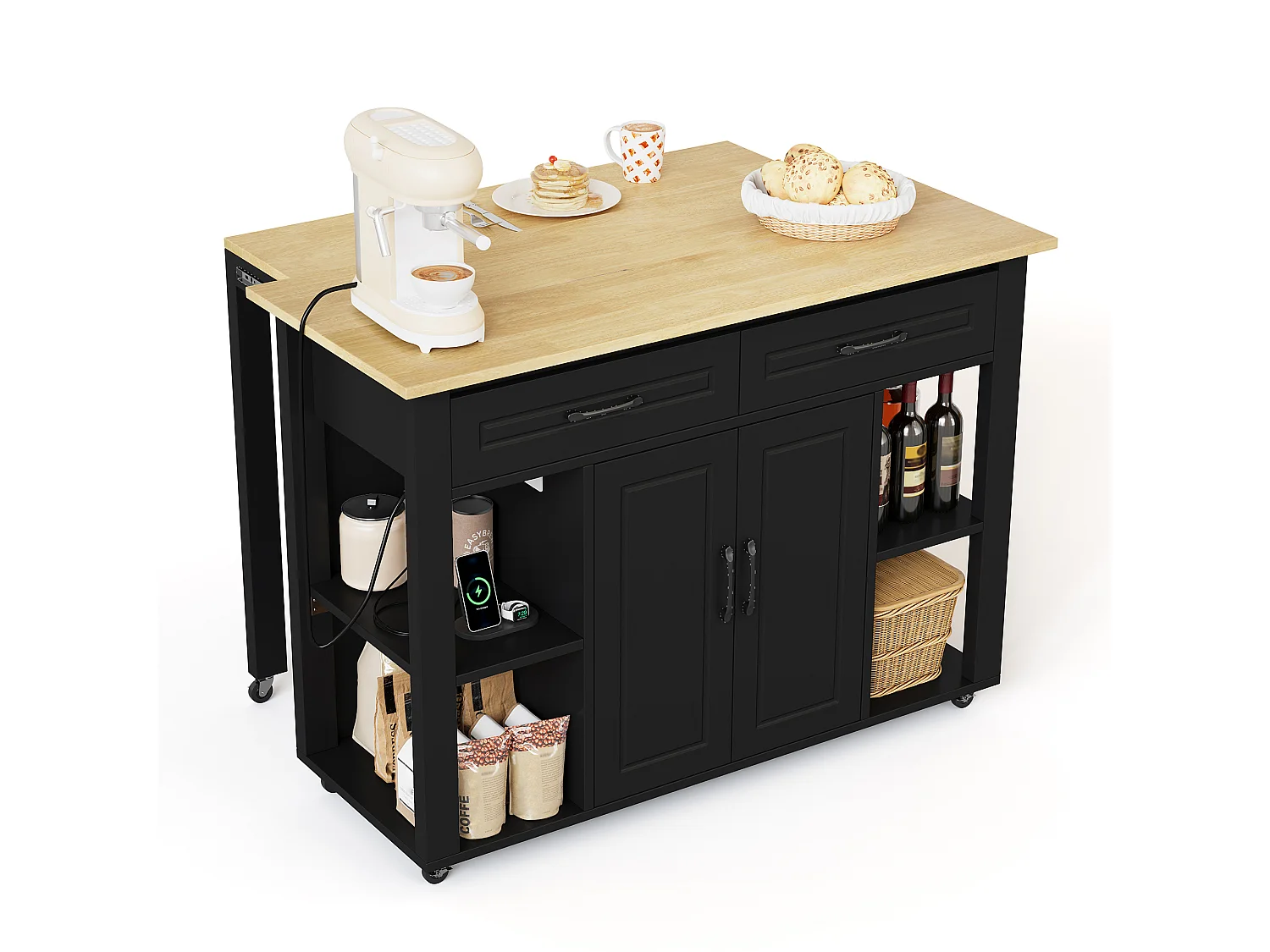 Ilot central de cuisine mobile - plateau extensible - avec USB et porte-serviettes - avec 2 tiroirs et 2 portes - MDF - Noir