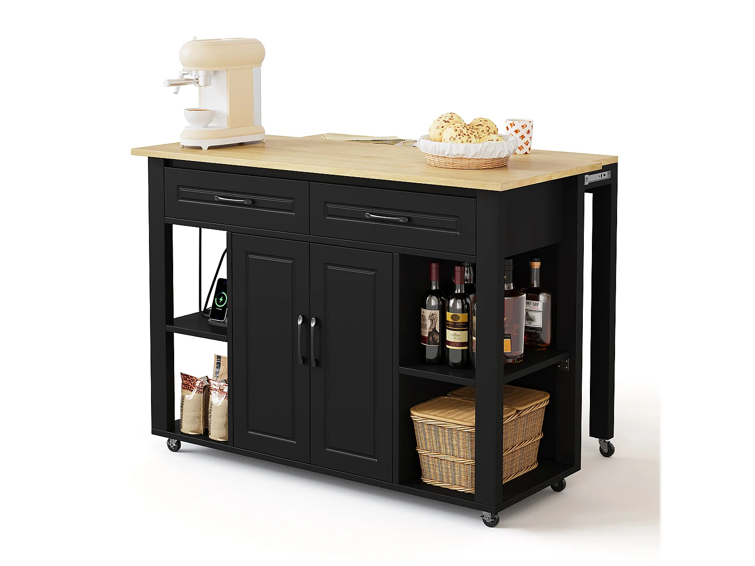 Ilot central de cuisine mobile - plateau extensible - avec USB et porte-serviettes - avec 2 tiroirs et 2 portes - MDF - Noir