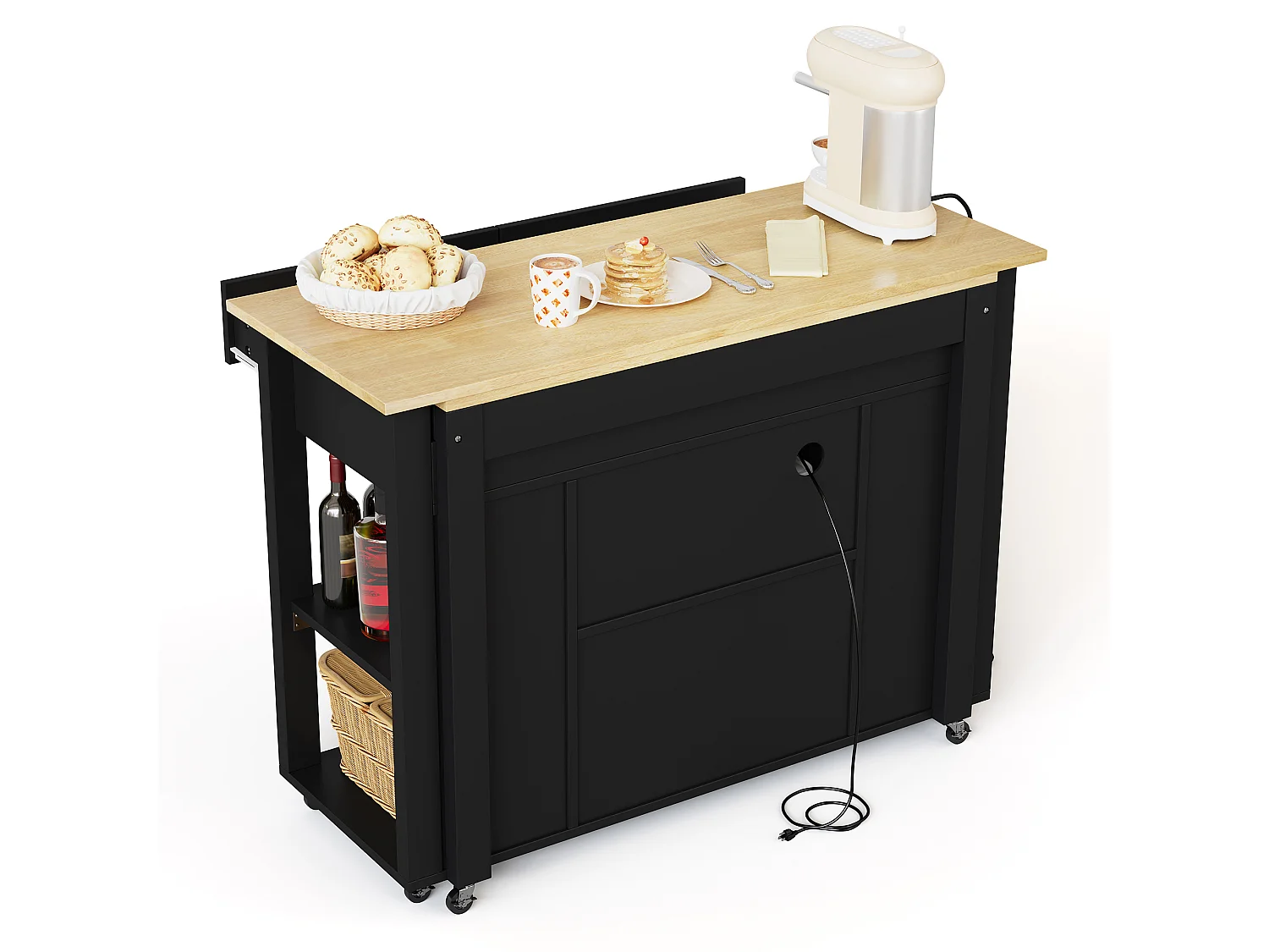 Ilot central de cuisine mobile - plateau extensible - avec USB et porte-serviettes - avec 2 tiroirs et 2 portes - MDF - Noir