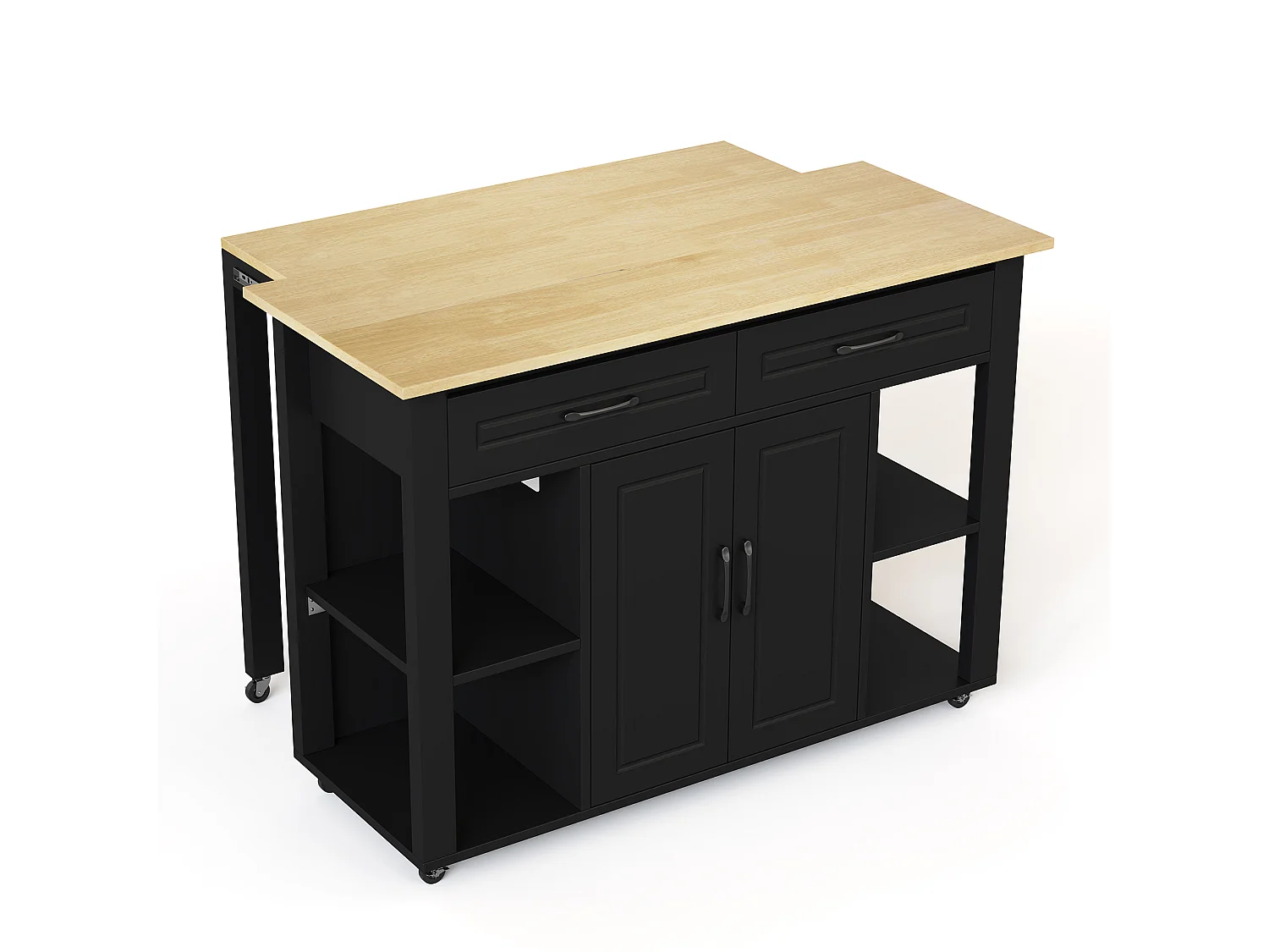 Ilot central de cuisine mobile - plateau extensible - avec USB et porte-serviettes - avec 2 tiroirs et 2 portes - MDF - Noir