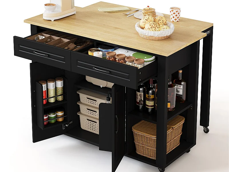 Mobiel keukeneiland - uitschuifbaar aanrechtblad - met USB en handdoekhouder - met 2 lades en 2 deuren - MDF - Zwart