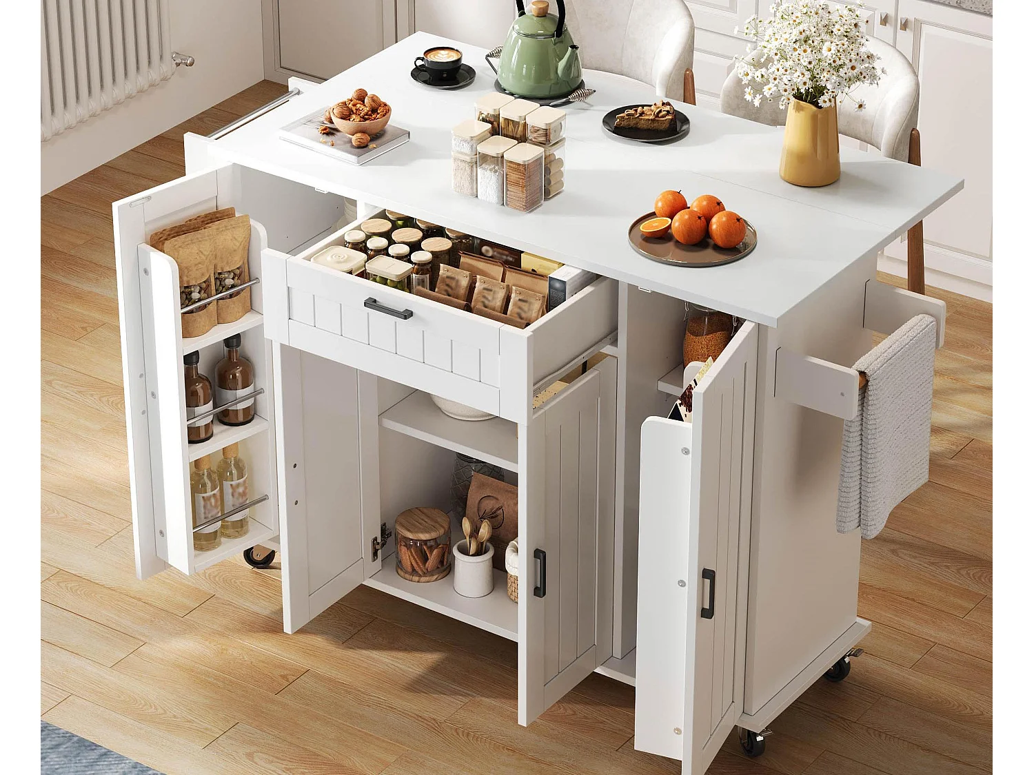 Isla de cocina móvil - encimera extensible - con toallero - con 1 cajón y 4 puertas - MDF - Blanco