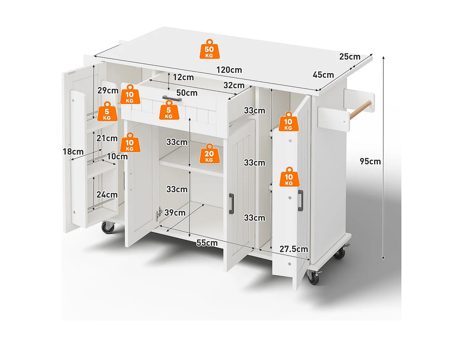 Isla de cocina móvil - encimera extensible - con toallero - con 1 cajón y 4 puertas - MDF - Blanco