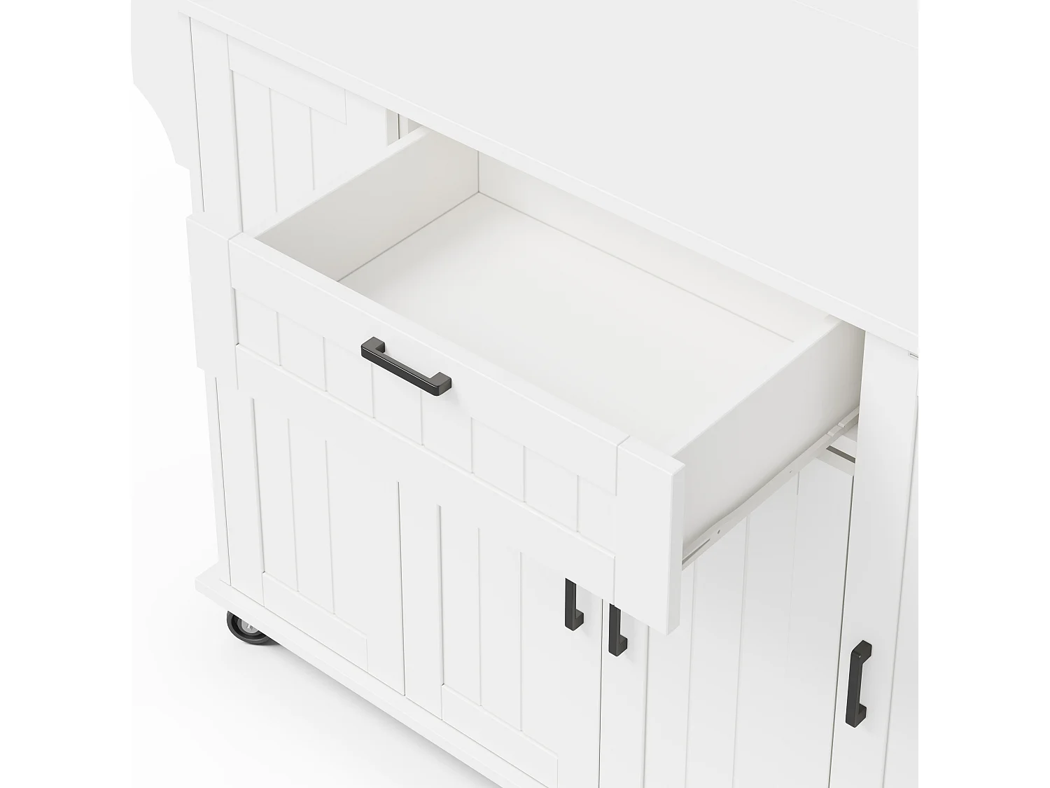 Isla de cocina móvil - encimera extensible - con toallero - con 1 cajón y 4 puertas - MDF - Blanco