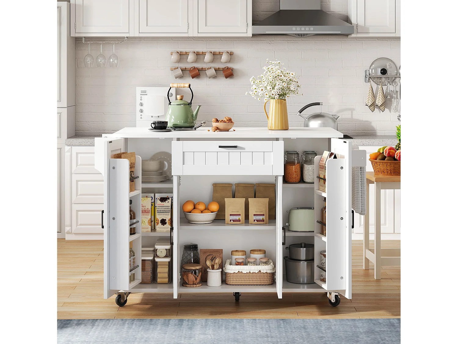 Ilot central de cuisine mobile - plateau extensible - avec porte-serviettes - avec 1 tiroir et 4 portes - MDF - Blanc