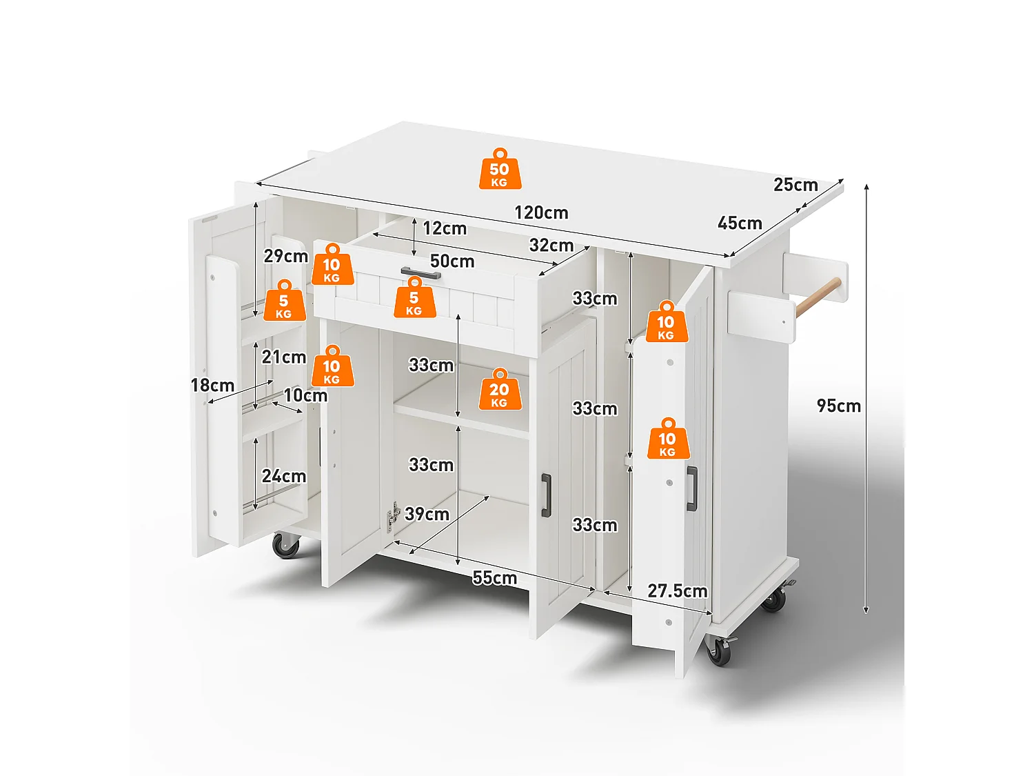Ilot central de cuisine mobile - plateau extensible - avec porte-serviettes - avec 1 tiroir et 4 portes - MDF - Blanc
