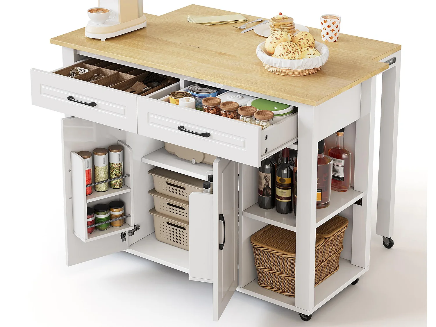 Isla de cocina móvil - encimera extensible - con USB y toallero - con 2 cajones y 2 puertas - MDF - Blanco