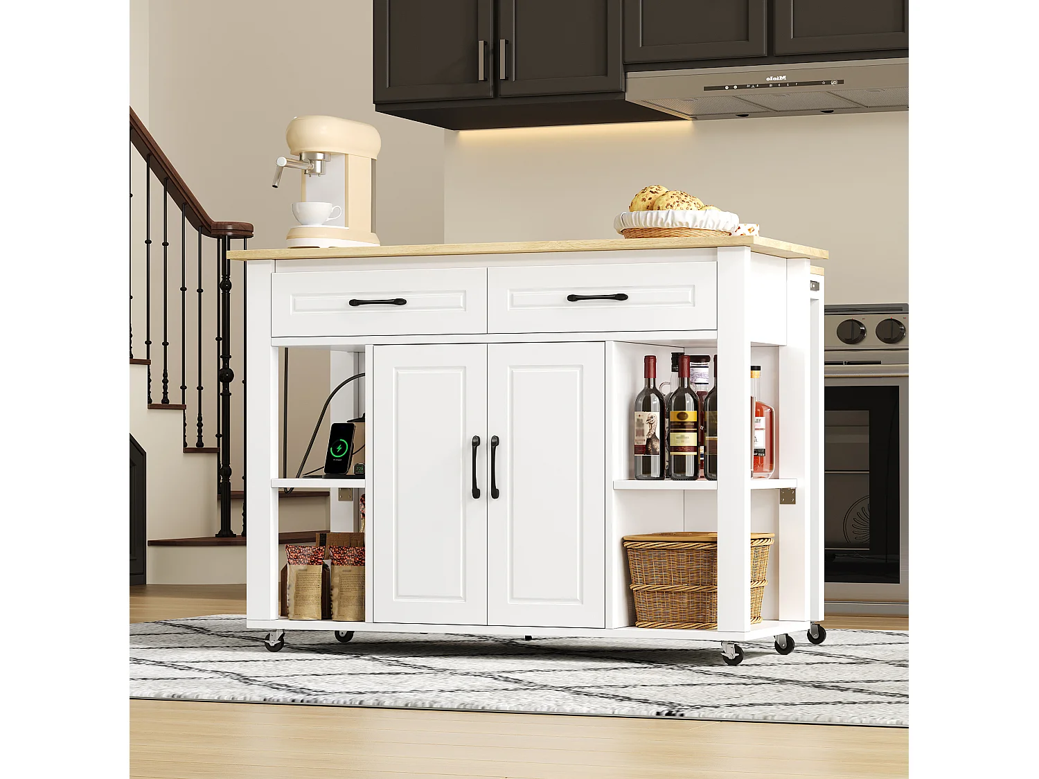 Isla de cocina móvil - encimera extensible - con USB y toallero - con 2 cajones y 2 puertas - MDF - Blanco