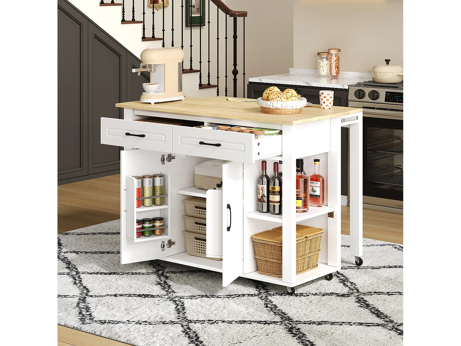 Isla de cocina móvil - encimera extensible - con USB y toallero - con 2 cajones y 2 puertas - MDF - Blanco