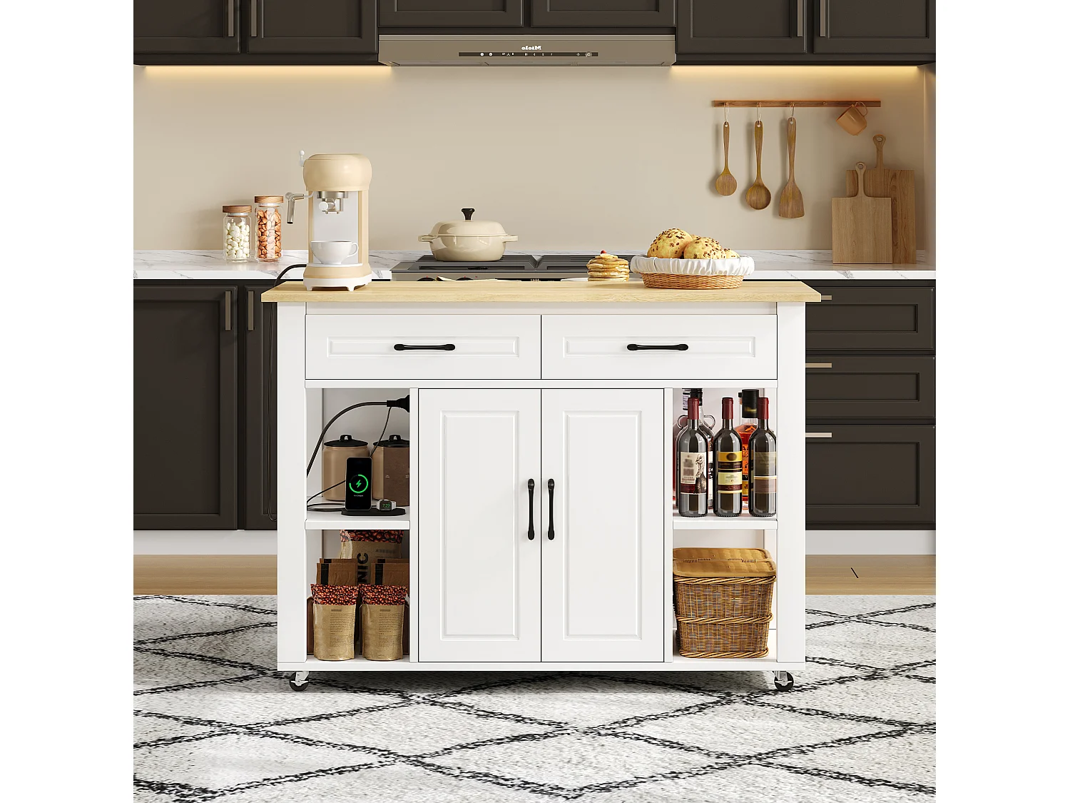 Isla de cocina móvil - encimera extensible - con USB y toallero - con 2 cajones y 2 puertas - MDF - Blanco