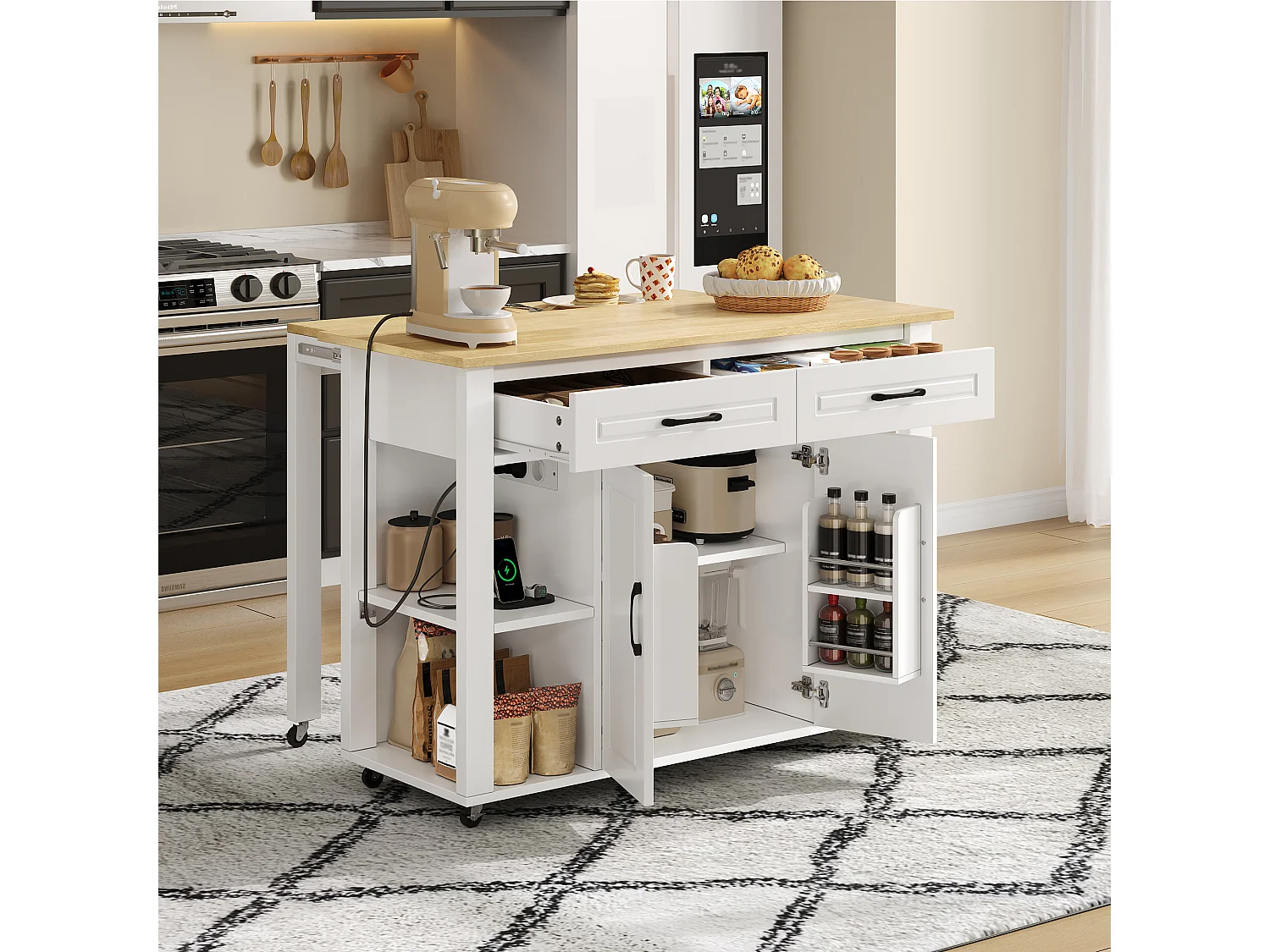 Isla de cocina móvil - encimera extensible - con USB y toallero - con 2 cajones y 2 puertas - MDF - Blanco