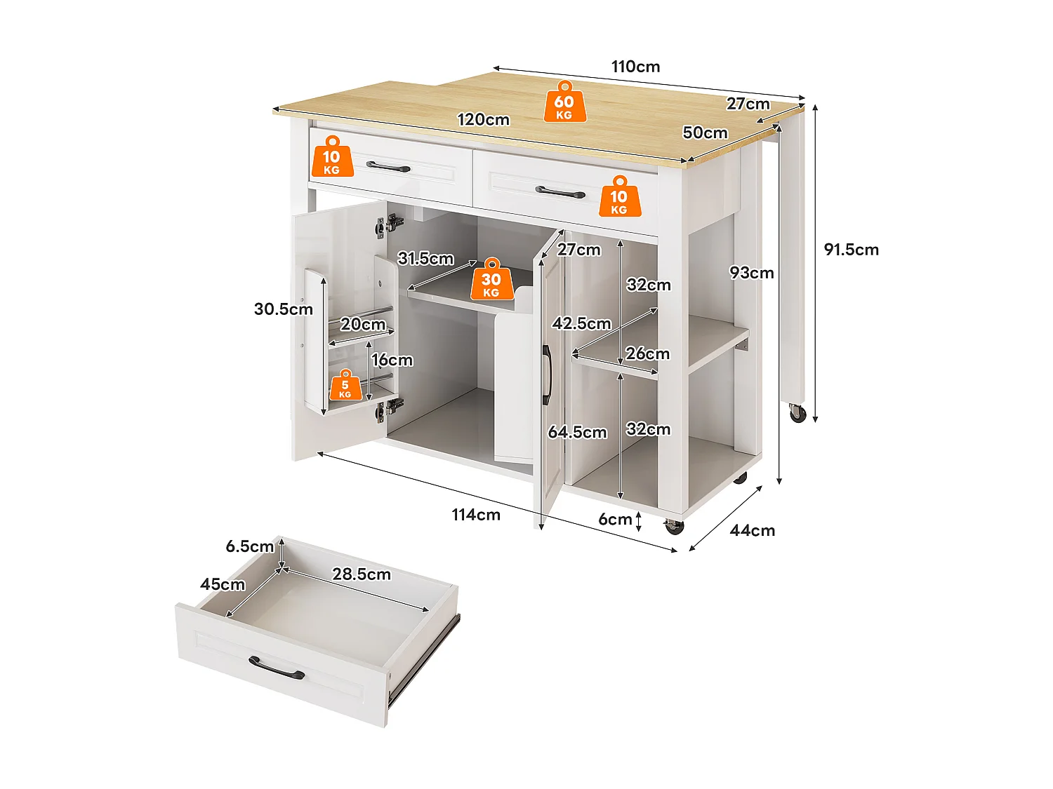 Isla de cocina móvil - encimera extensible - con USB y toallero - con 2 cajones y 2 puertas - MDF - Blanco