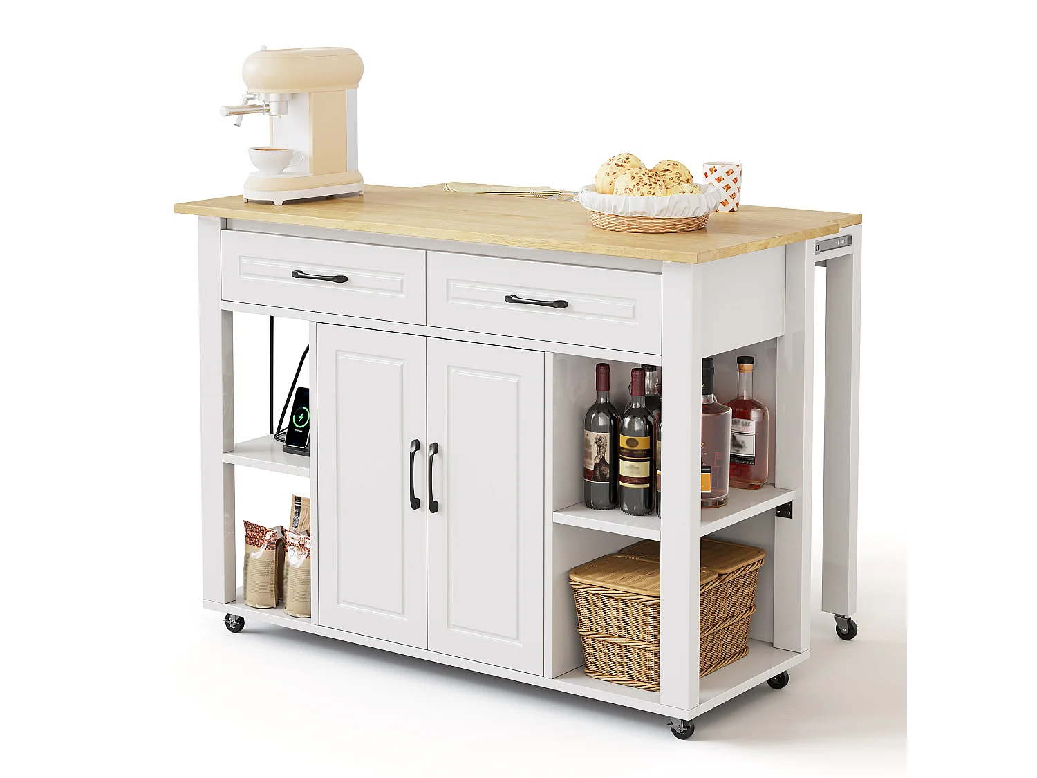 Isla de cocina móvil - encimera extensible - con USB y toallero - con 2 cajones y 2 puertas - MDF - Blanco