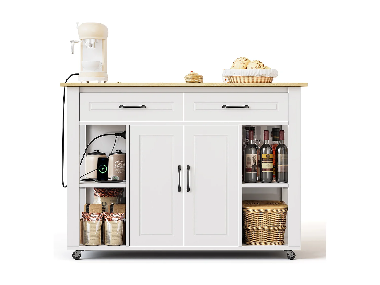 Isla de cocina móvil - encimera extensible - con USB y toallero - con 2 cajones y 2 puertas - MDF - Blanco