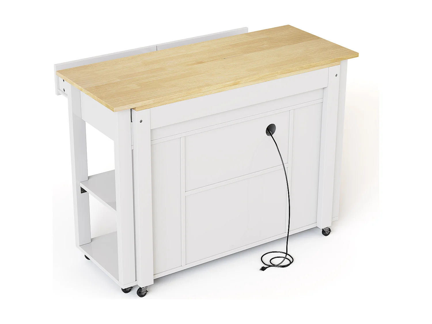 Isla de cocina móvil - encimera extensible - con USB y toallero - con 2 cajones y 2 puertas - MDF - Blanco