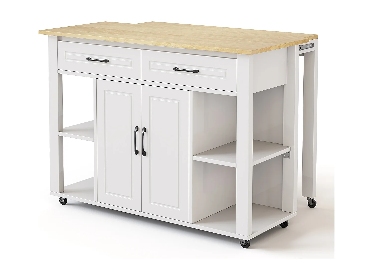 Isla de cocina móvil - encimera extensible - con USB y toallero - con 2 cajones y 2 puertas - MDF - Blanco